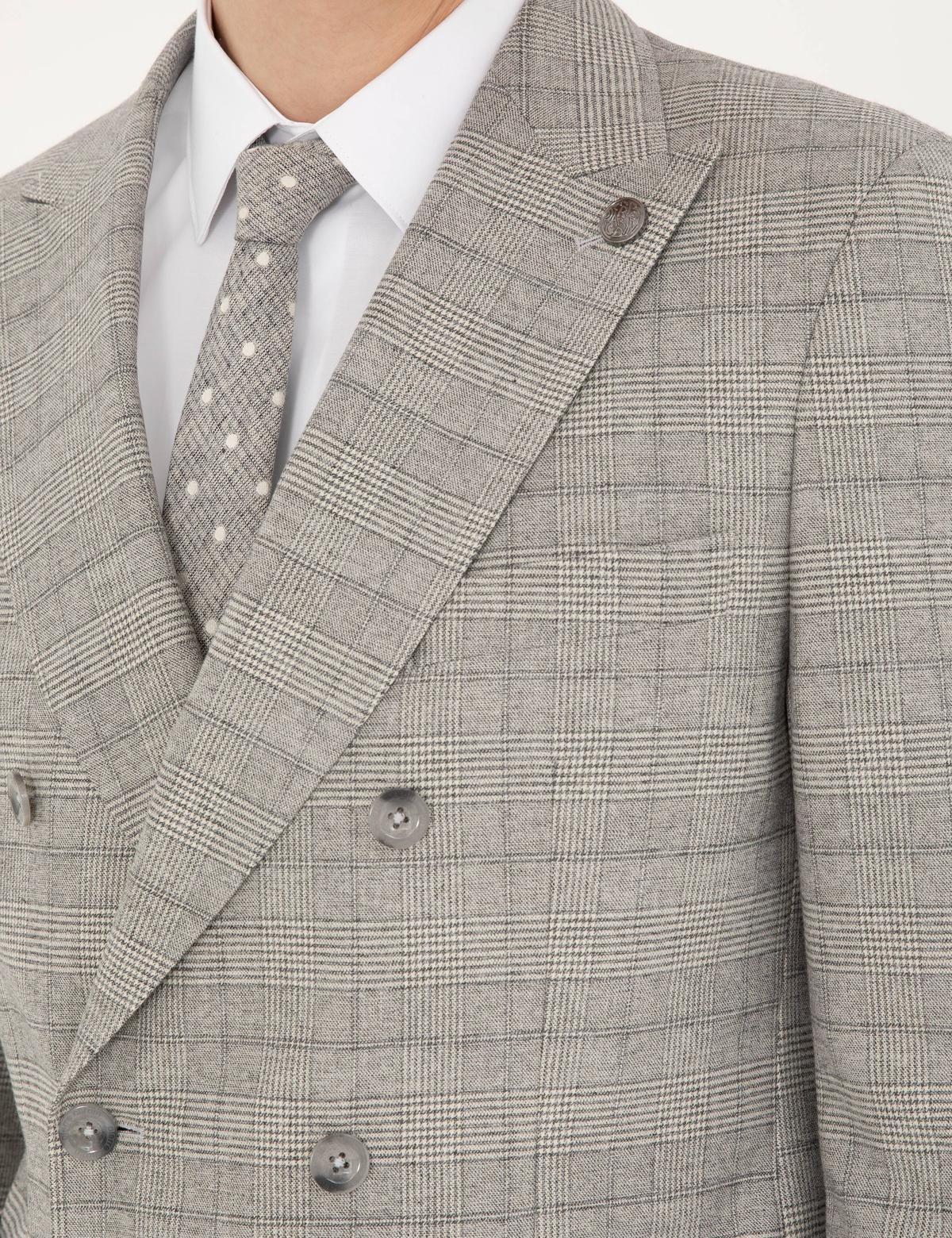 Gri Ex. Slim Fit Ekose Kruvaze Takım Elbise - 50294091005