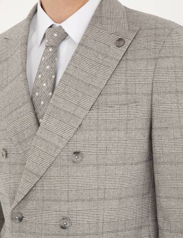 Gri Ex. Slim Fit Ekose Kruvaze Takım Elbise