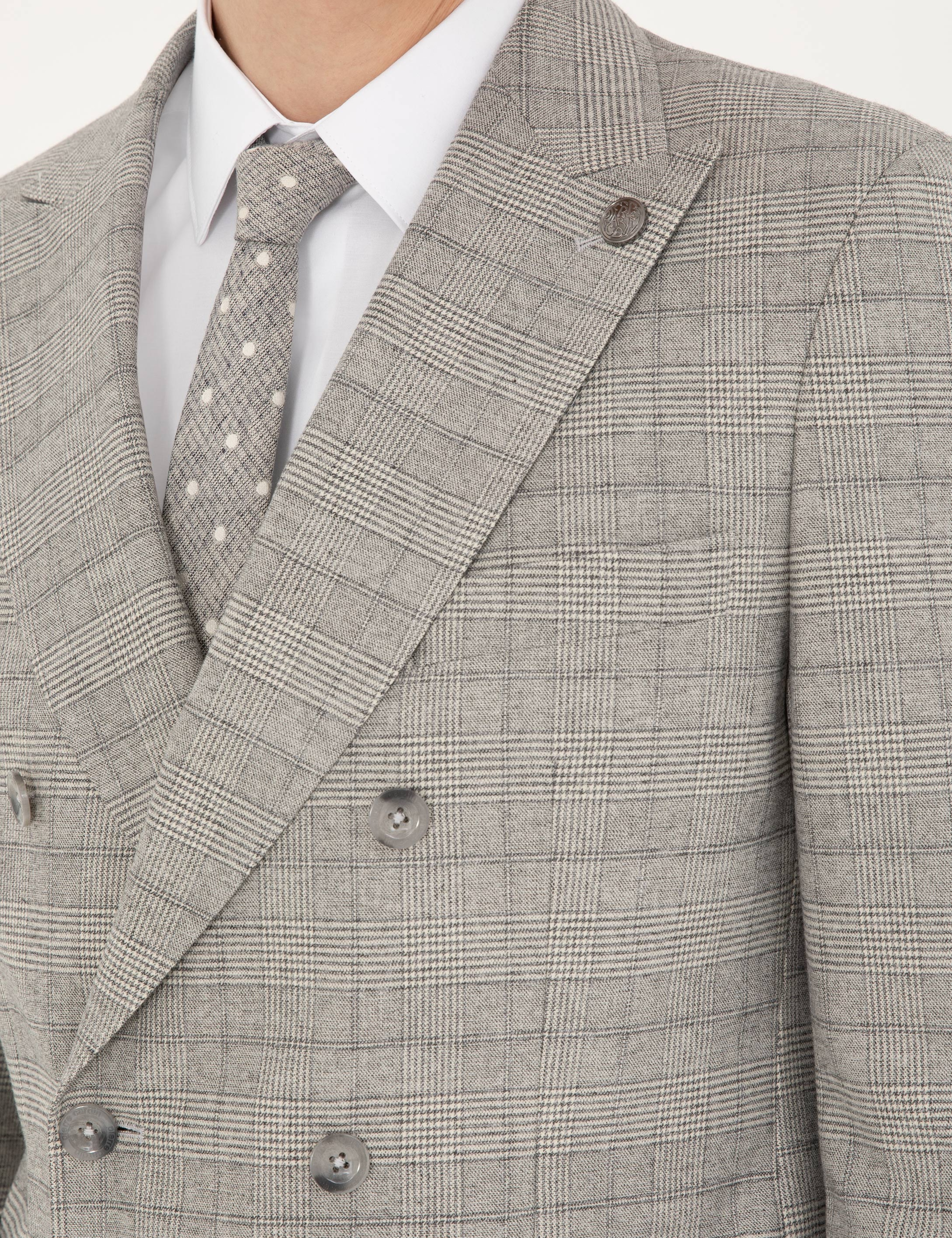 Gri Extra Slim Fit Ekose Kruvaze Takım Elbise - Image 7