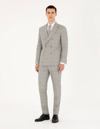 Gri Ex. Slim Fit Ekose Kruvaze Takım Elbise