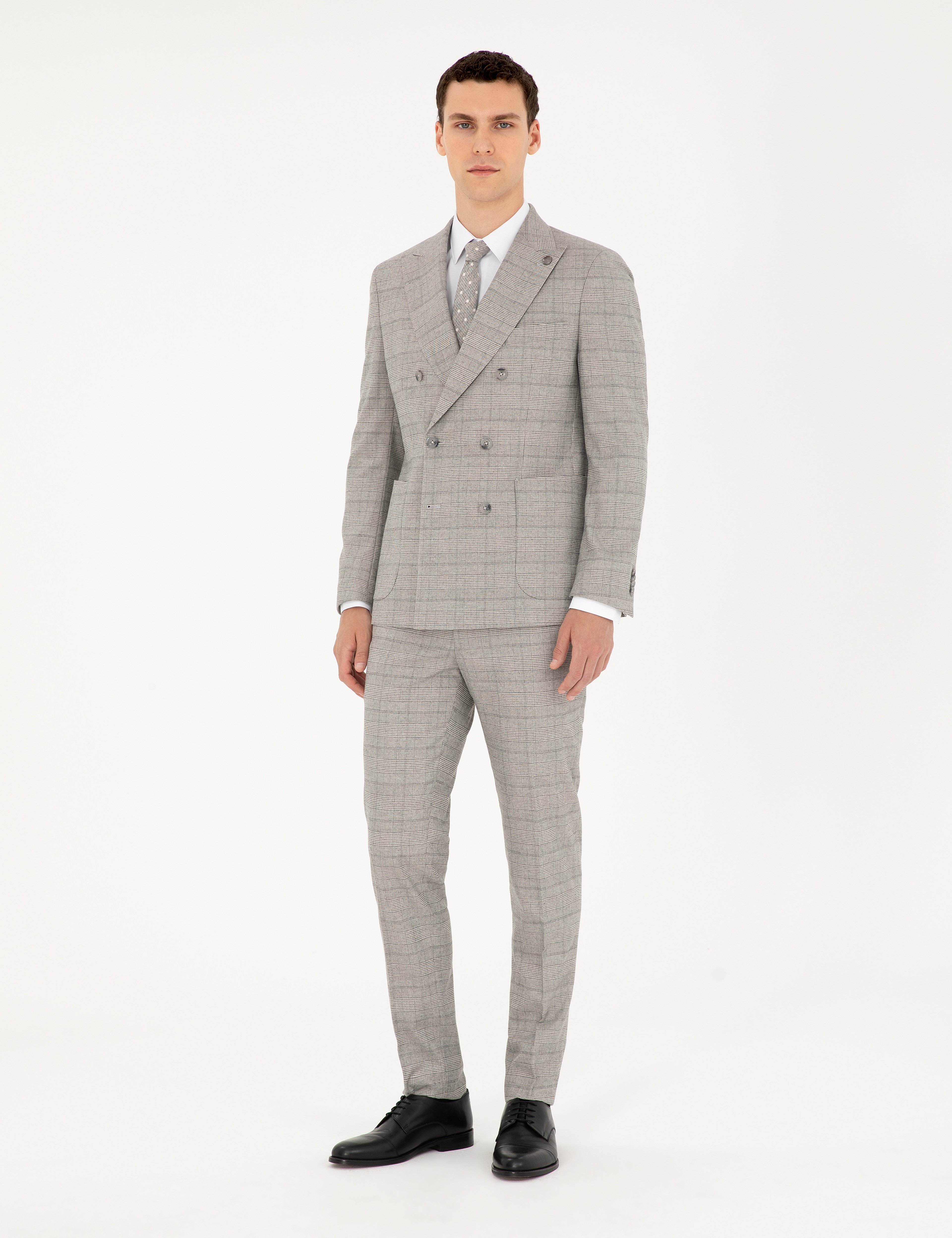 Gri Extra Slim Fit Ekose Kruvaze Takım Elbise - Image 4