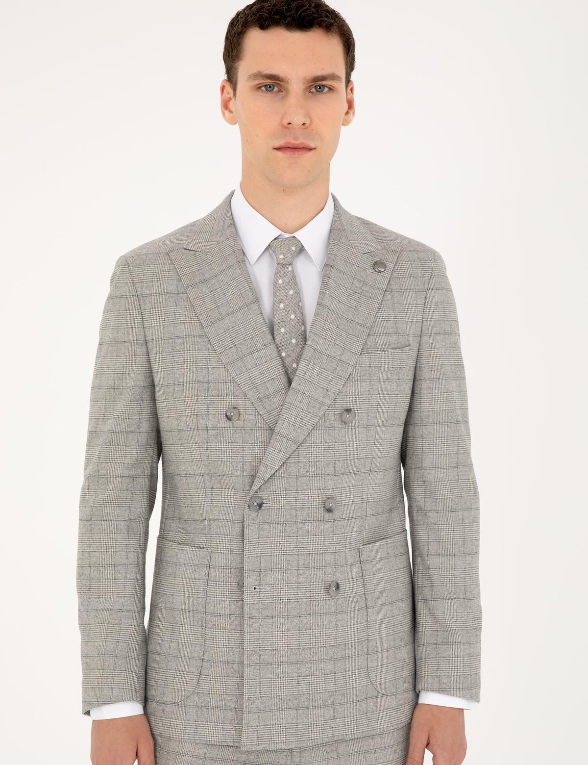 Gri Ex. Slim Fit Ekose Kruvaze Takım Elbise - 50294091005