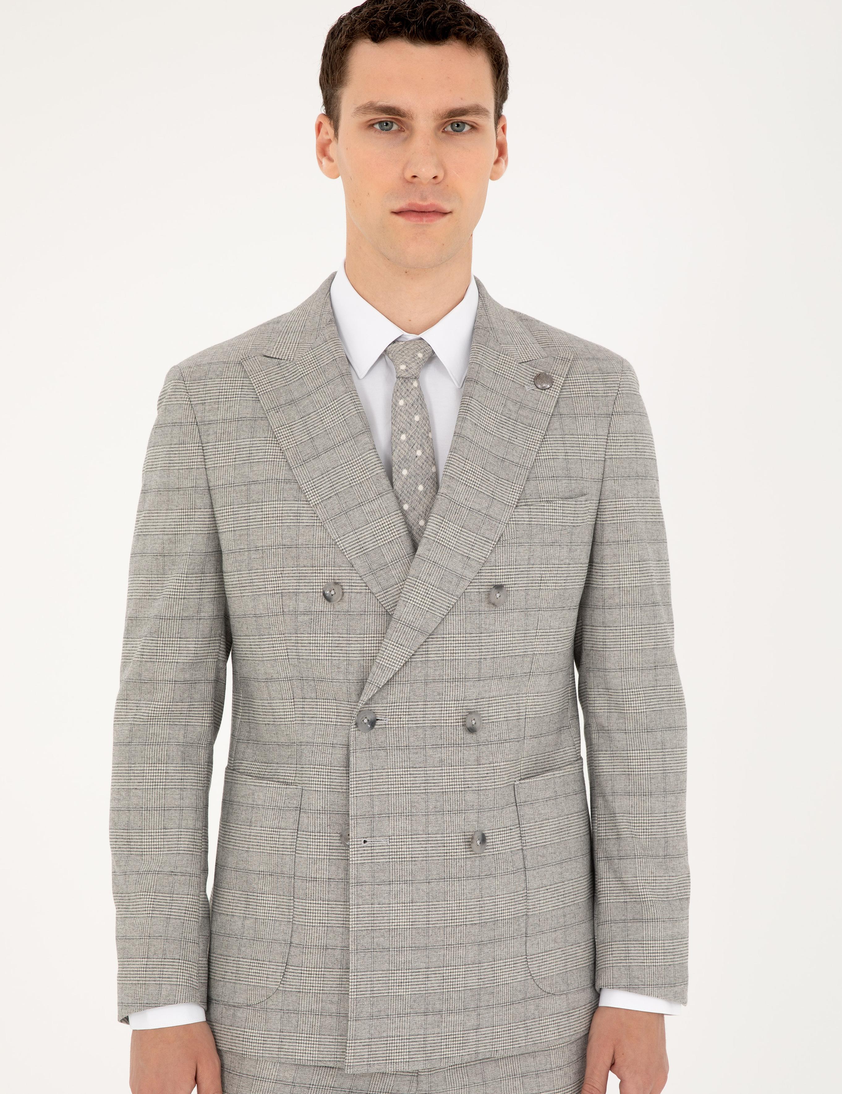 Gri Ex. Slim Fit Ekose Kruvaze Takım Elbise