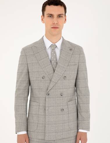 Gri Ex. Slim Fit Ekose Kruvaze Takım Elbise