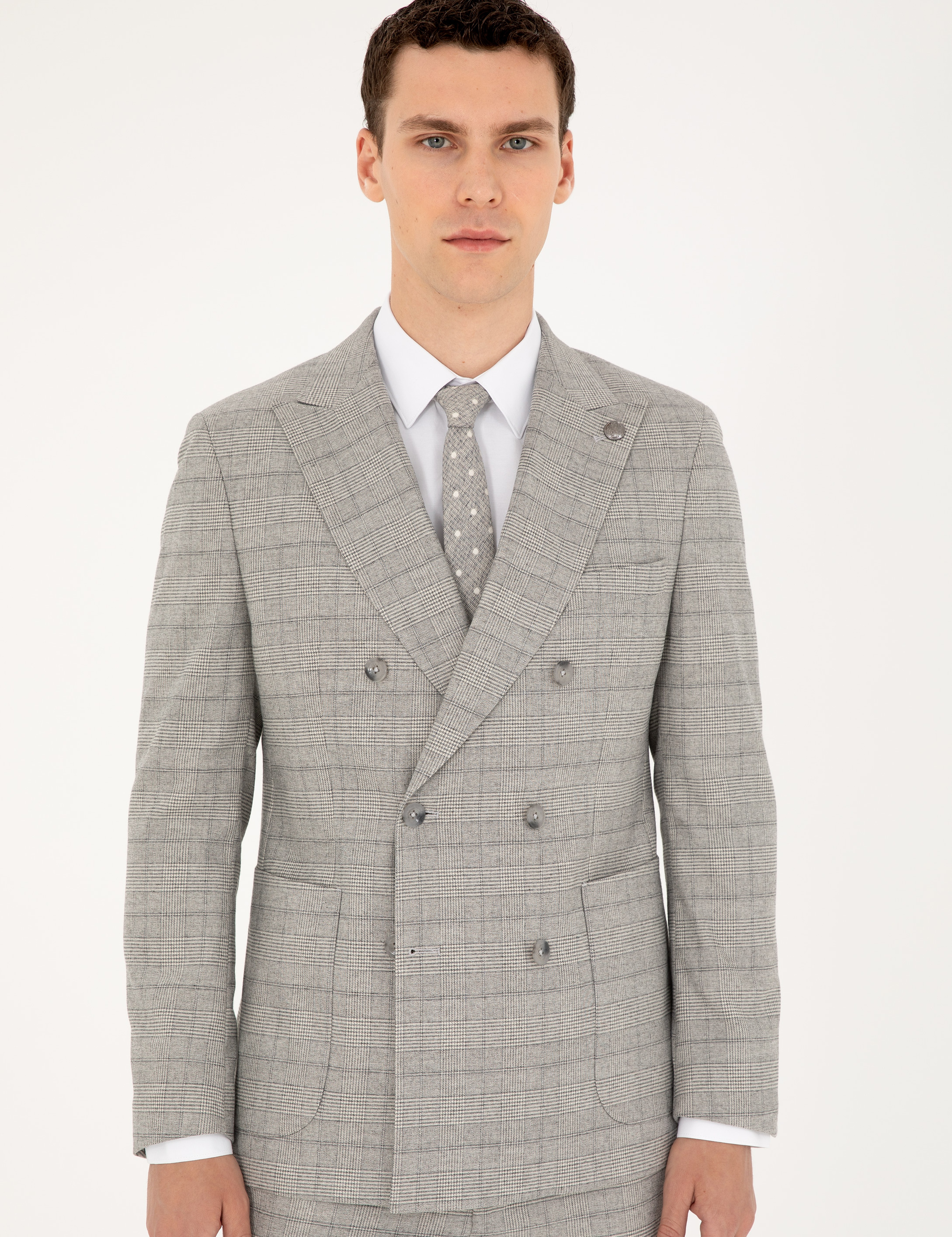 Gri Extra Slim Fit Ekose Kruvaze Takım Elbise - Image 3