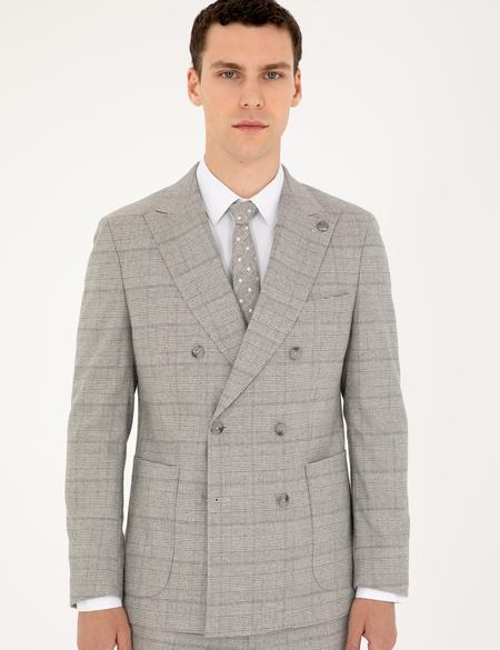 Gri Ex. Slim Fit Ekose Kruvaze Takım Elbise - 50294091005