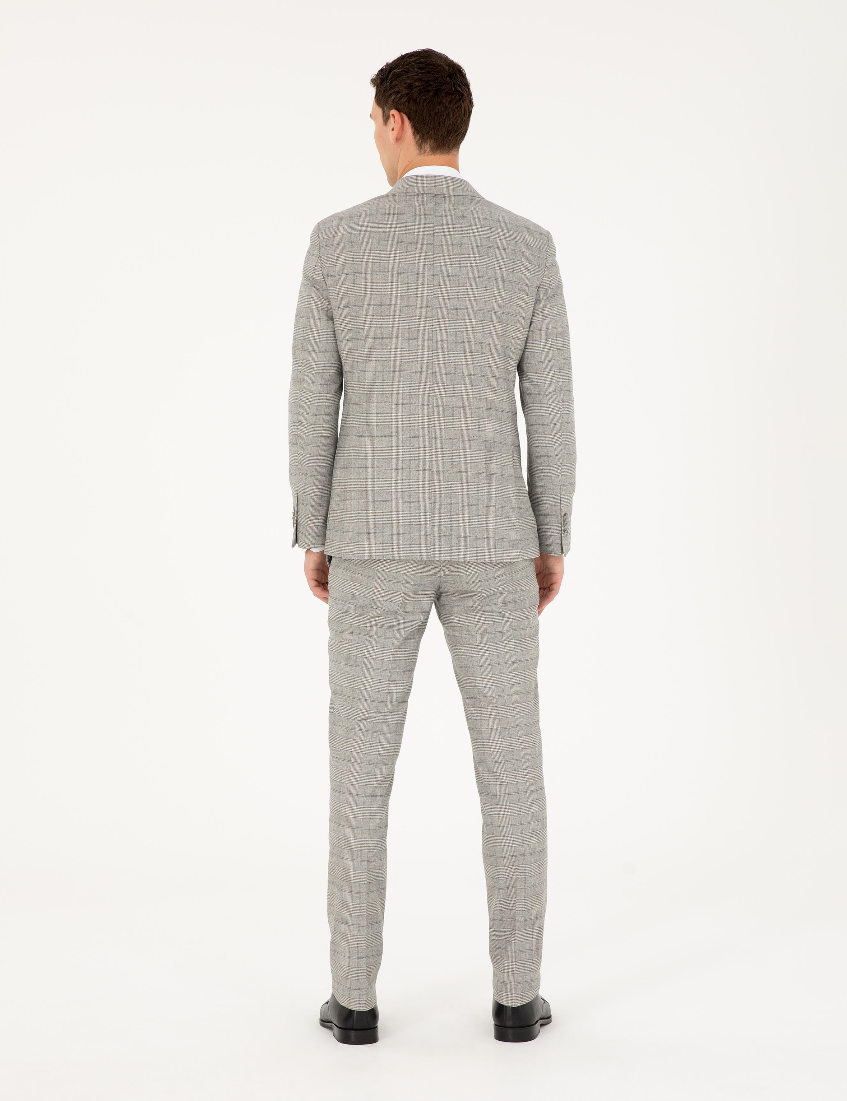 Gri Ex. Slim Fit Ekose Kruvaze Takım Elbise