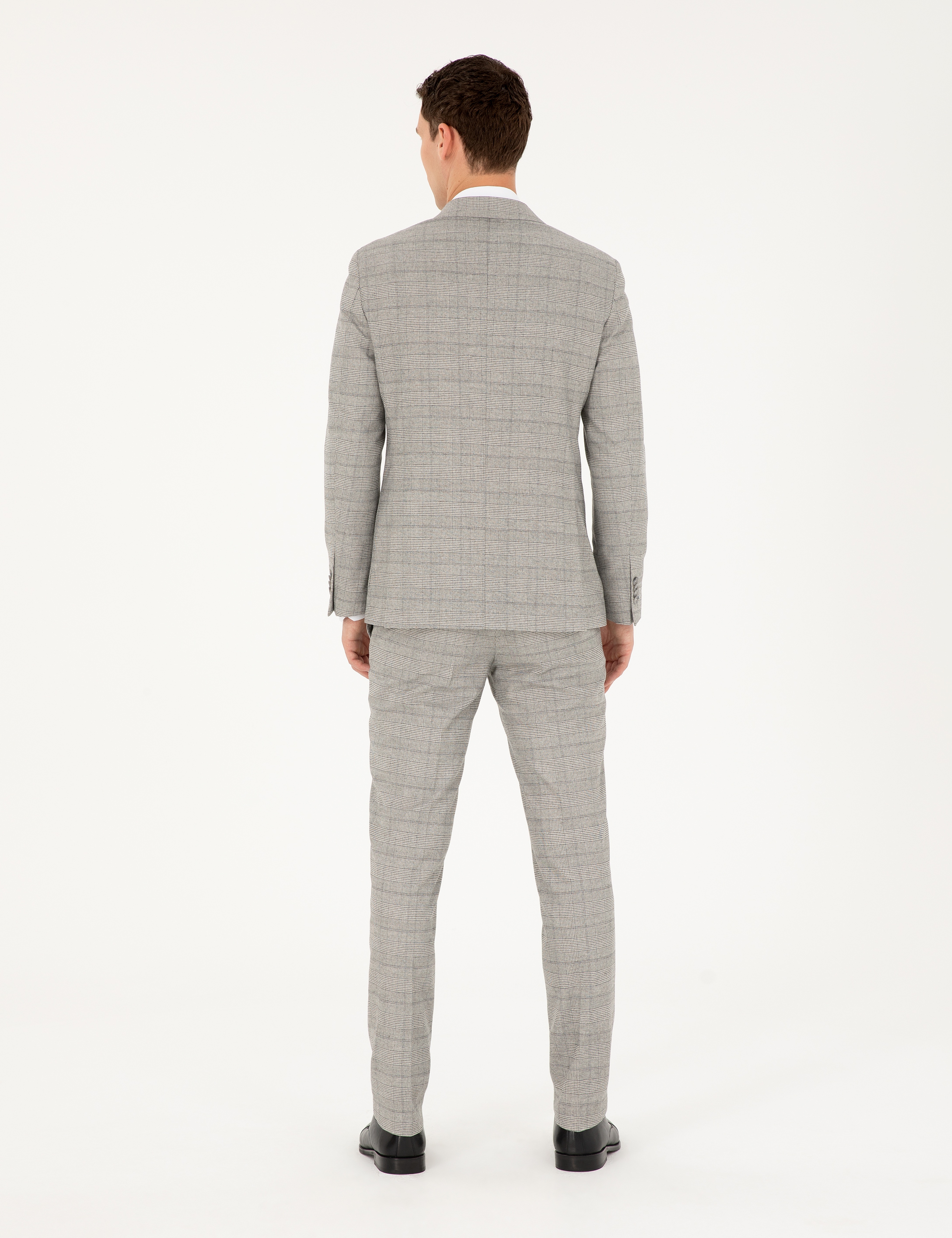 Gri Extra Slim Fit Ekose Kruvaze Takım Elbise - Image 5