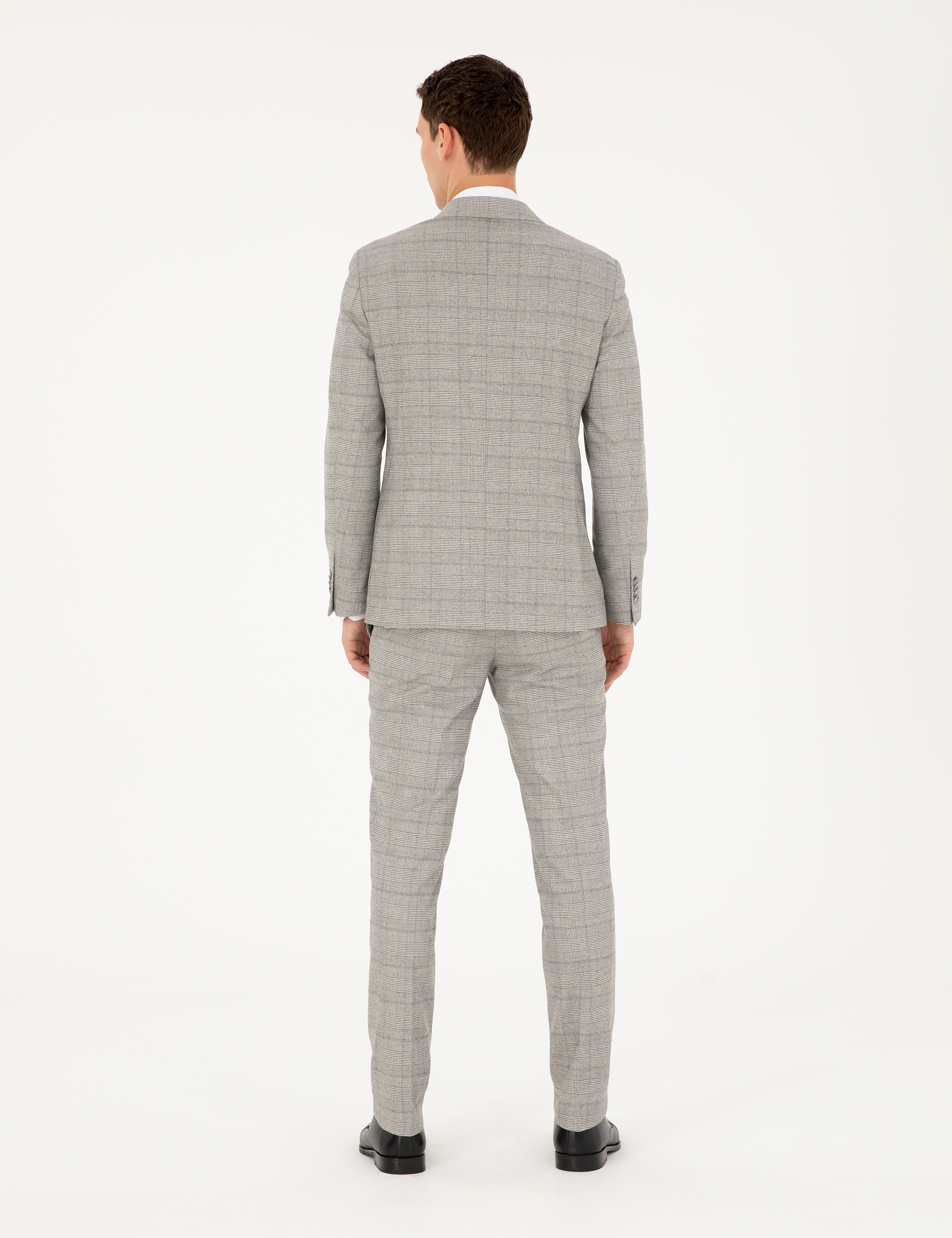 Gri Extra Slim Fit Ekose Kruvaze Takım Elbise