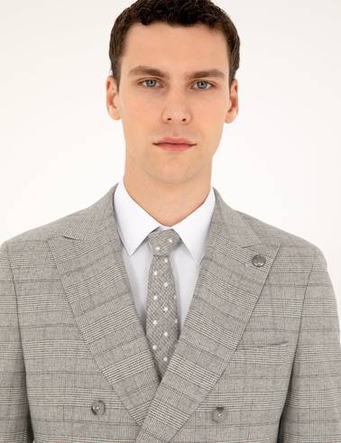 Gri Ex. Slim Fit Ekose Kruvaze Takım Elbise
