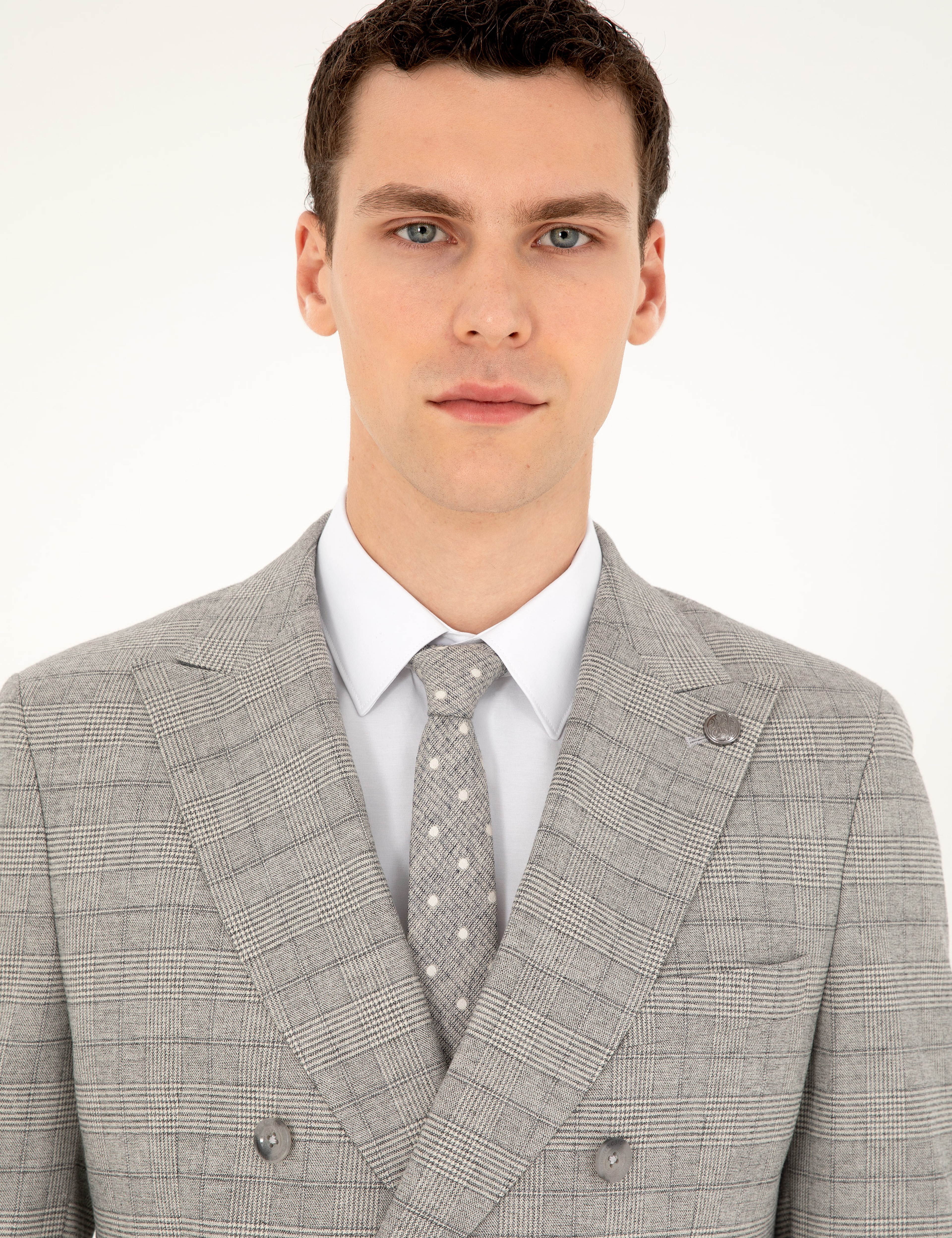 Gri Extra Slim Fit Ekose Kruvaze Takım Elbise - Image 2