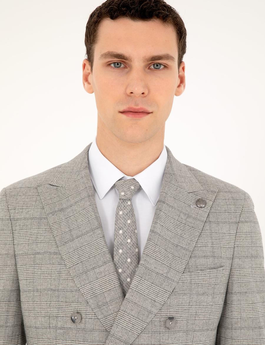 Gri Ex. Slim Fit Ekose Kruvaze Takım Elbise