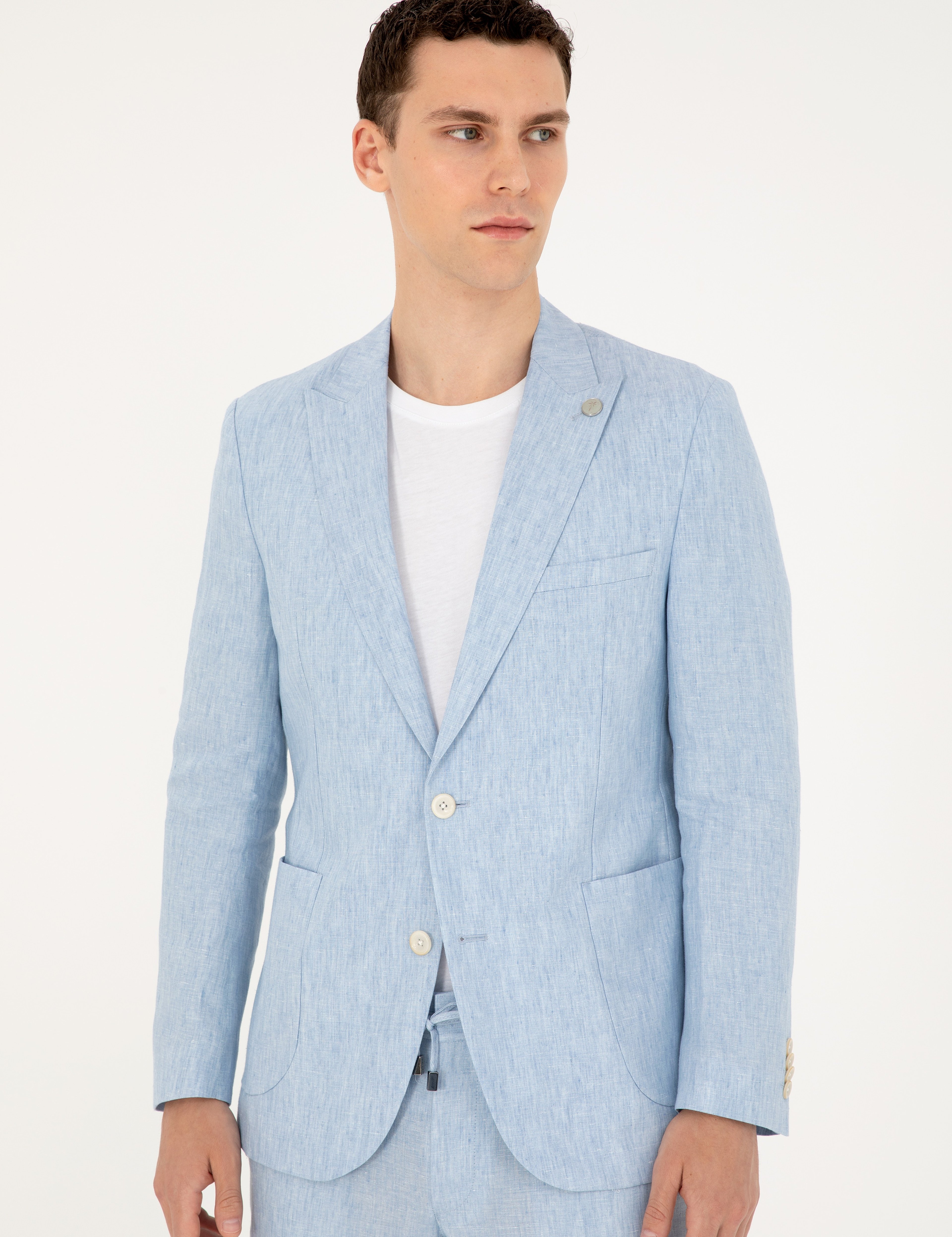Açık Mavi Extra Slim Fit %100 Keten Takım Elbise - Image 3
