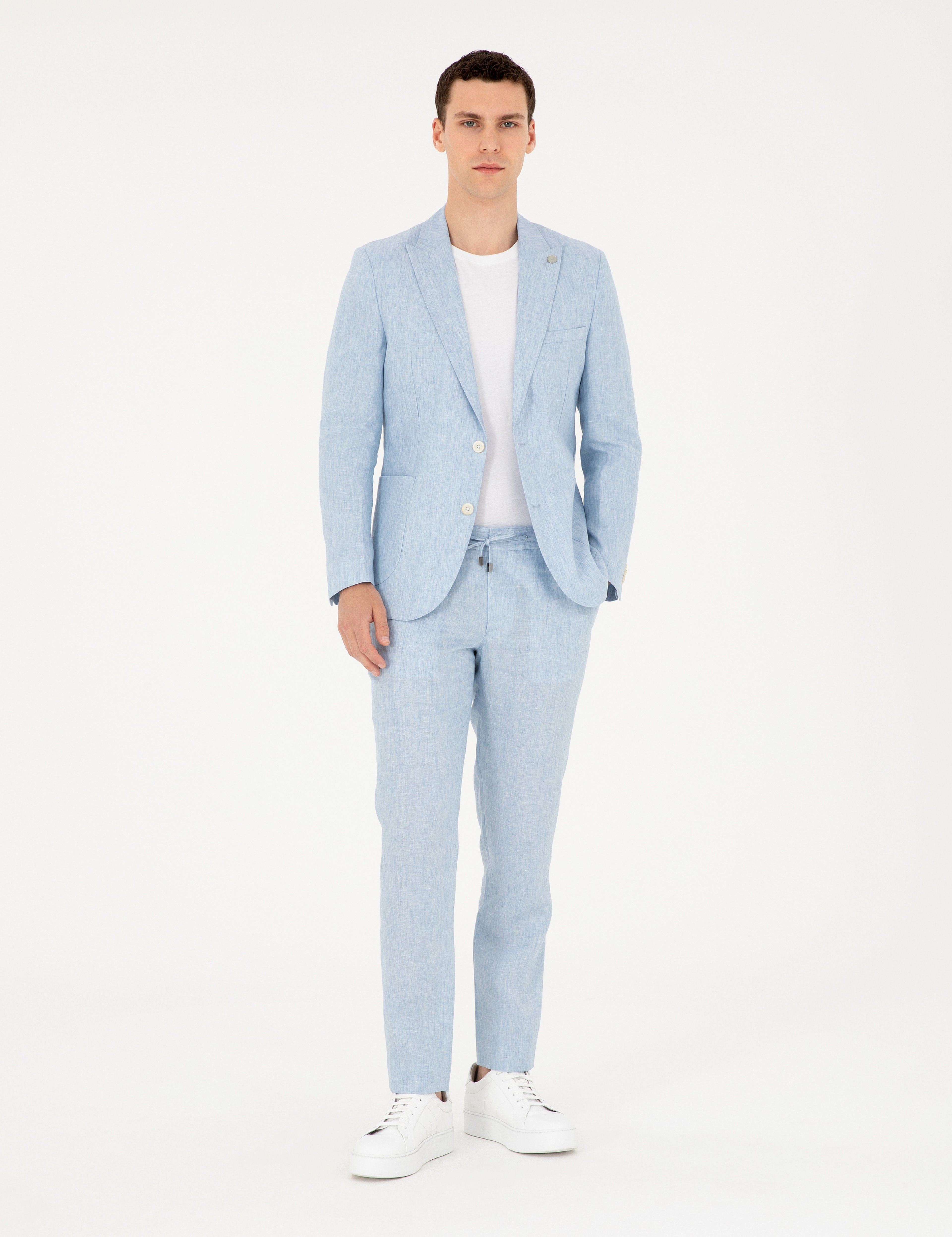 Açık Mavi Extra Slim Fit %100 Keten Takım Elbise - Image 4