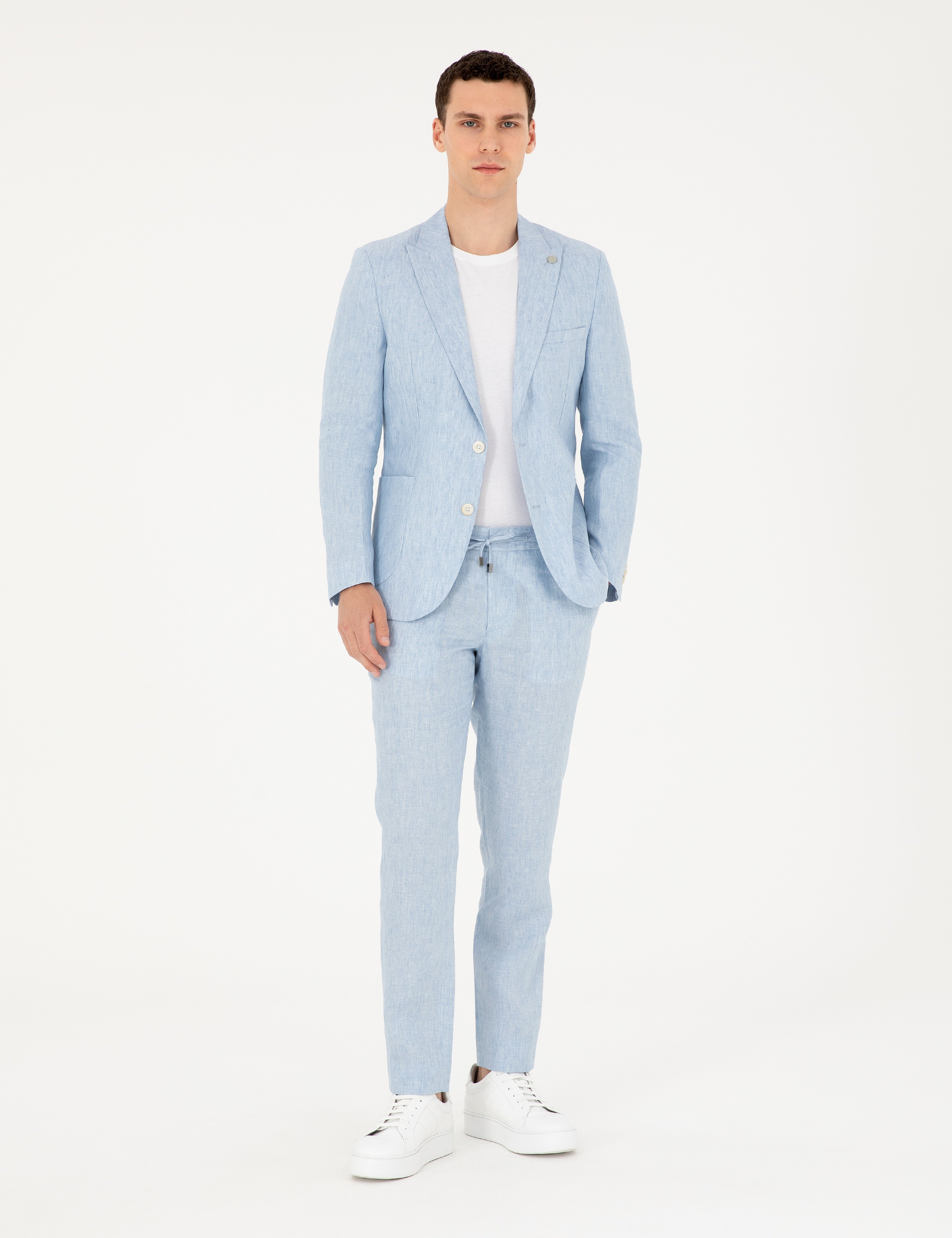 Açık Mavi Extra Slim Fit %100 Keten Takım Elbise