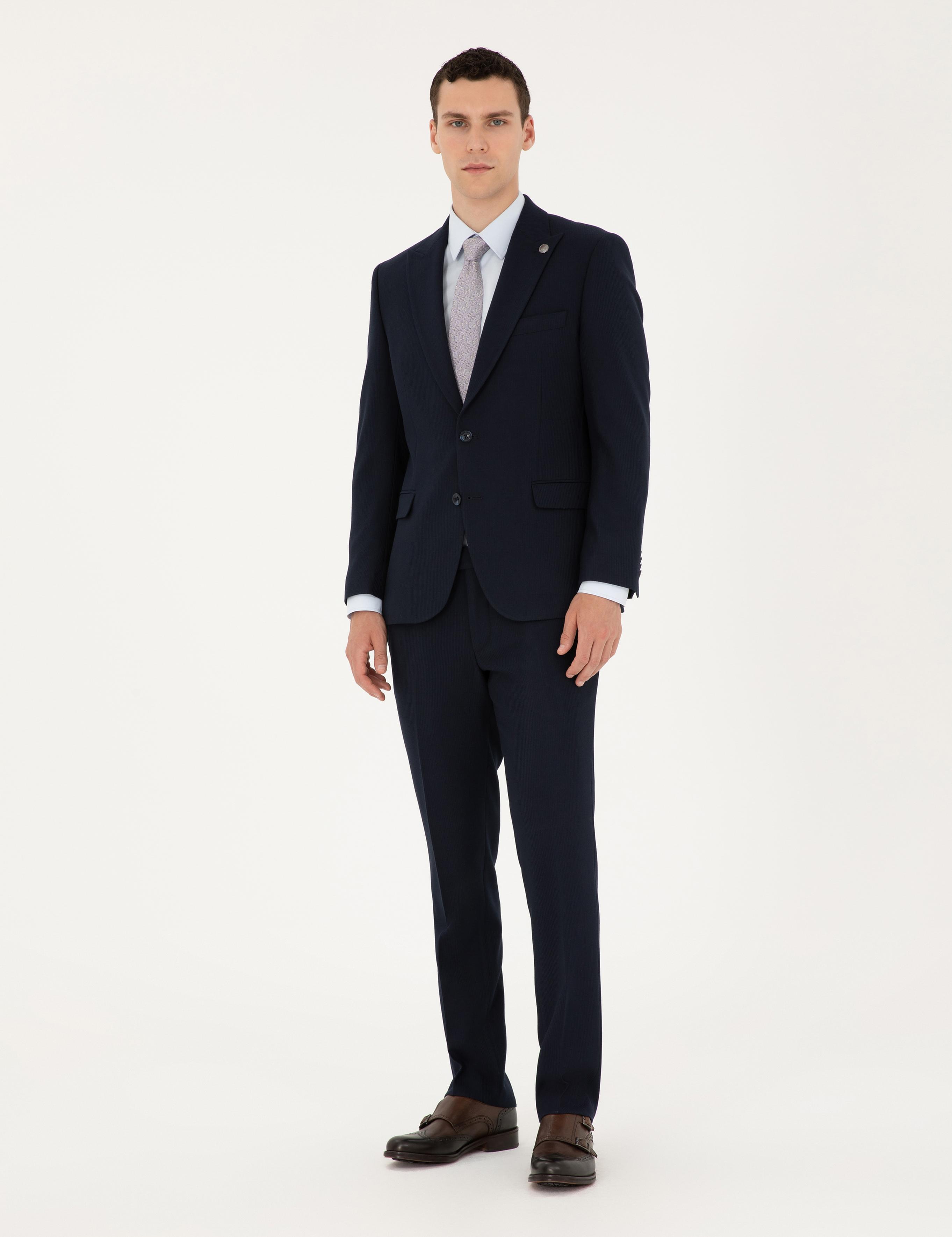 Lacivert Slim Fit Çizgili Takım Elbise