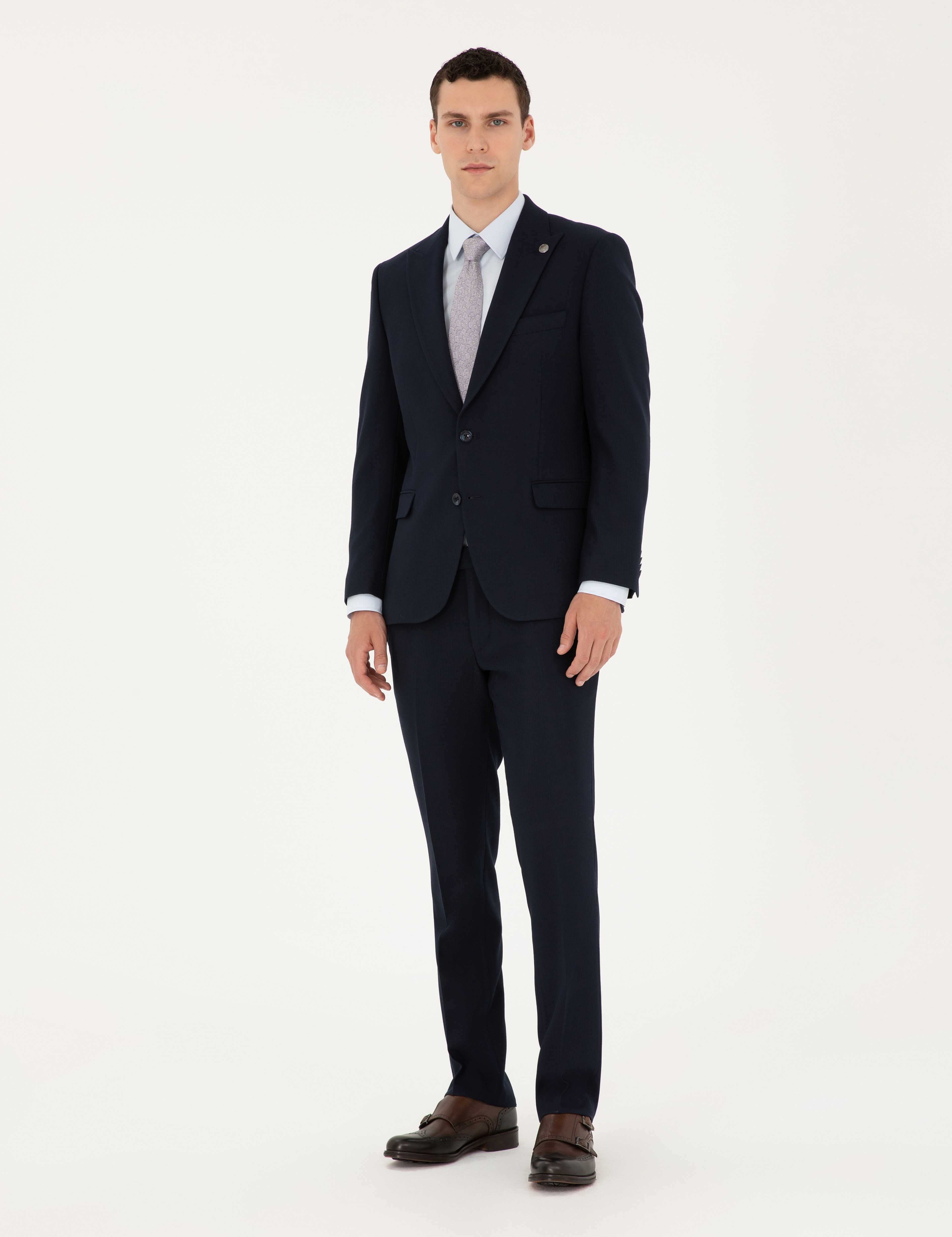 Lacivert Slim Fit Çizgili Takım Elbise - Image 4