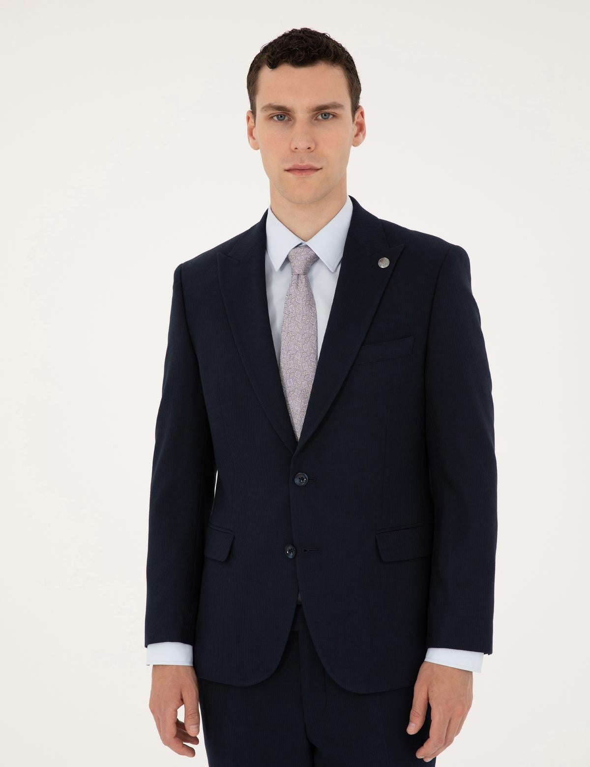 Lacivert Slim Fit Çizgili Takım Elbise - 50292210083