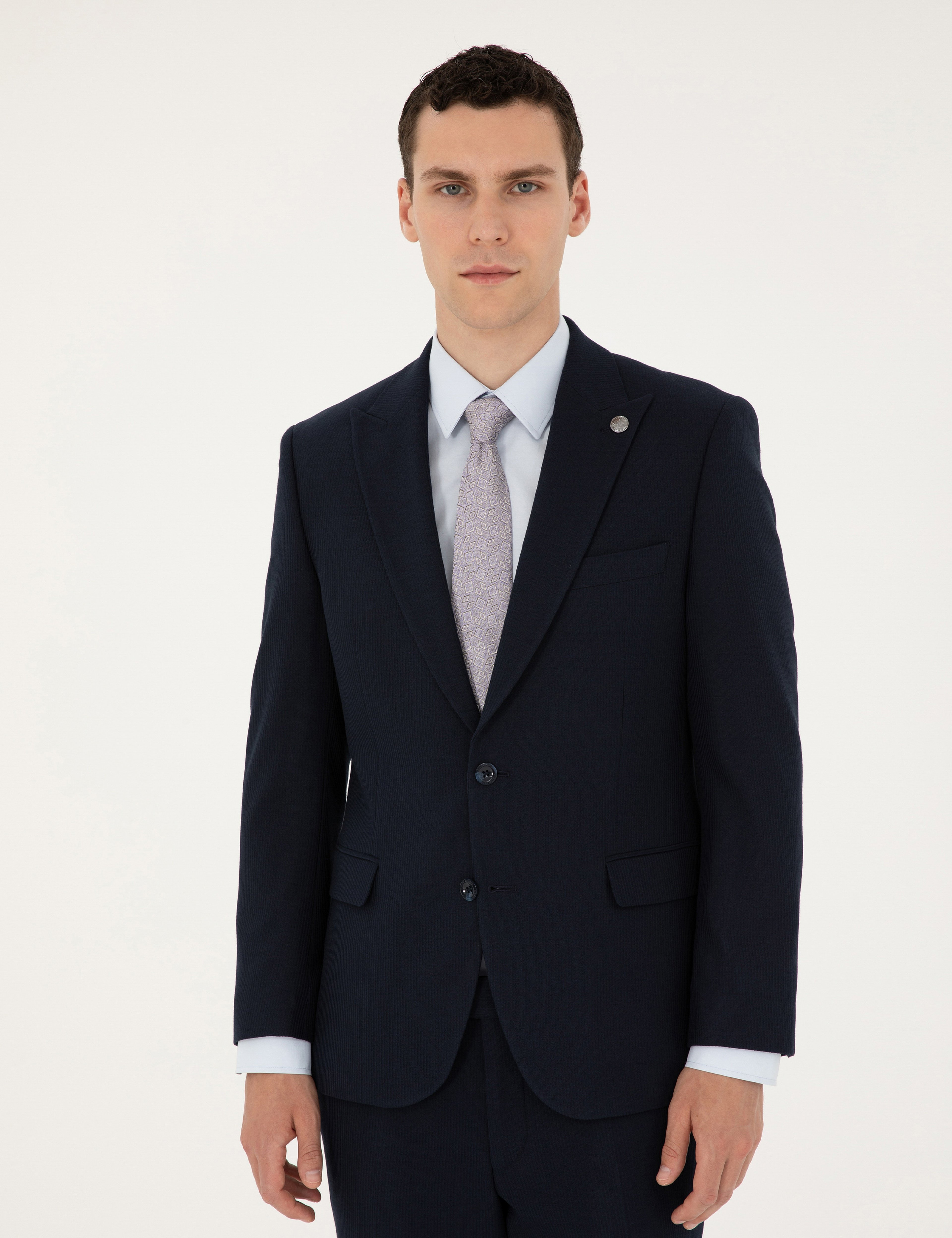 Lacivert Slim Fit Çizgili Takım Elbise