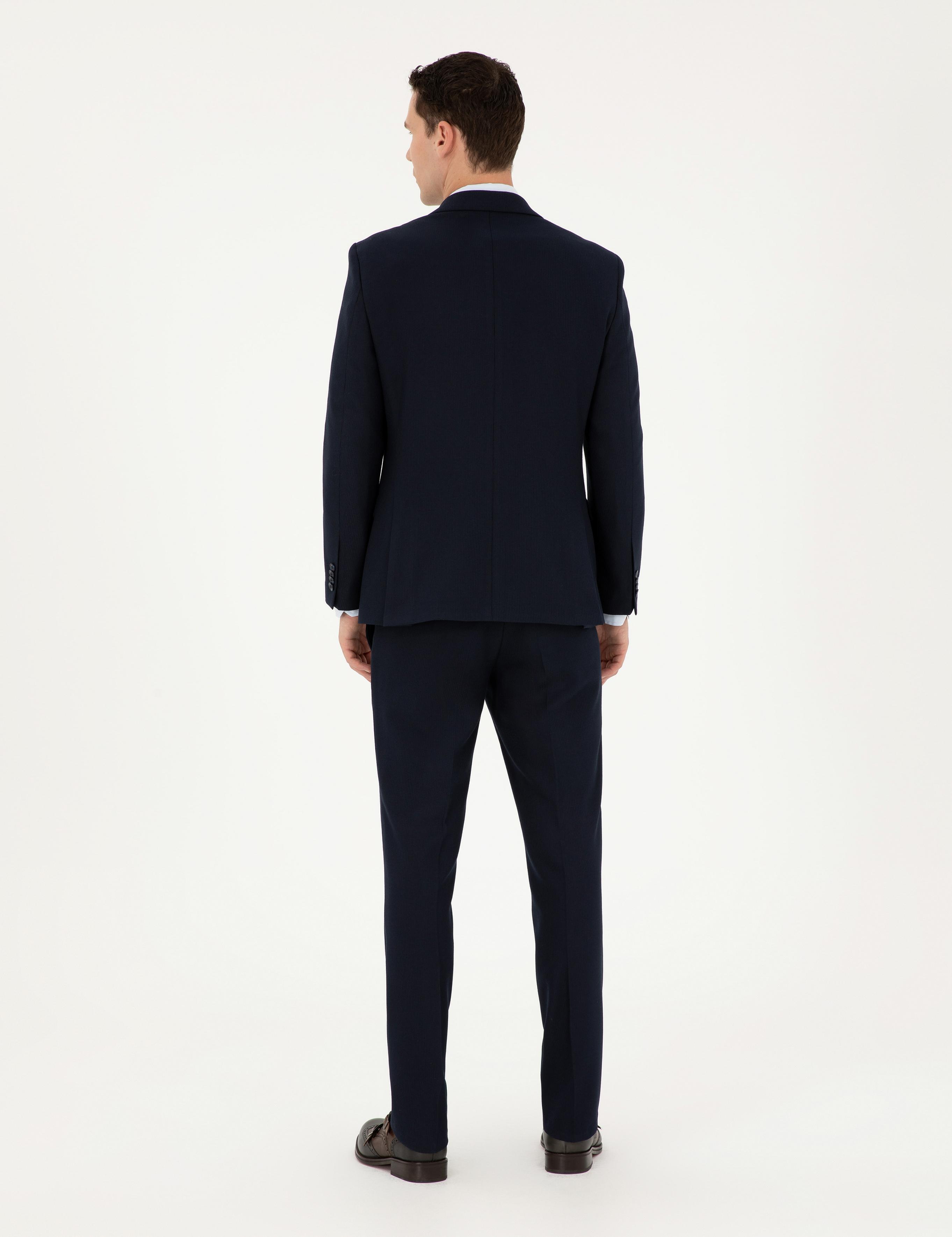 Lacivert Slim Fit Çizgili Takım Elbise