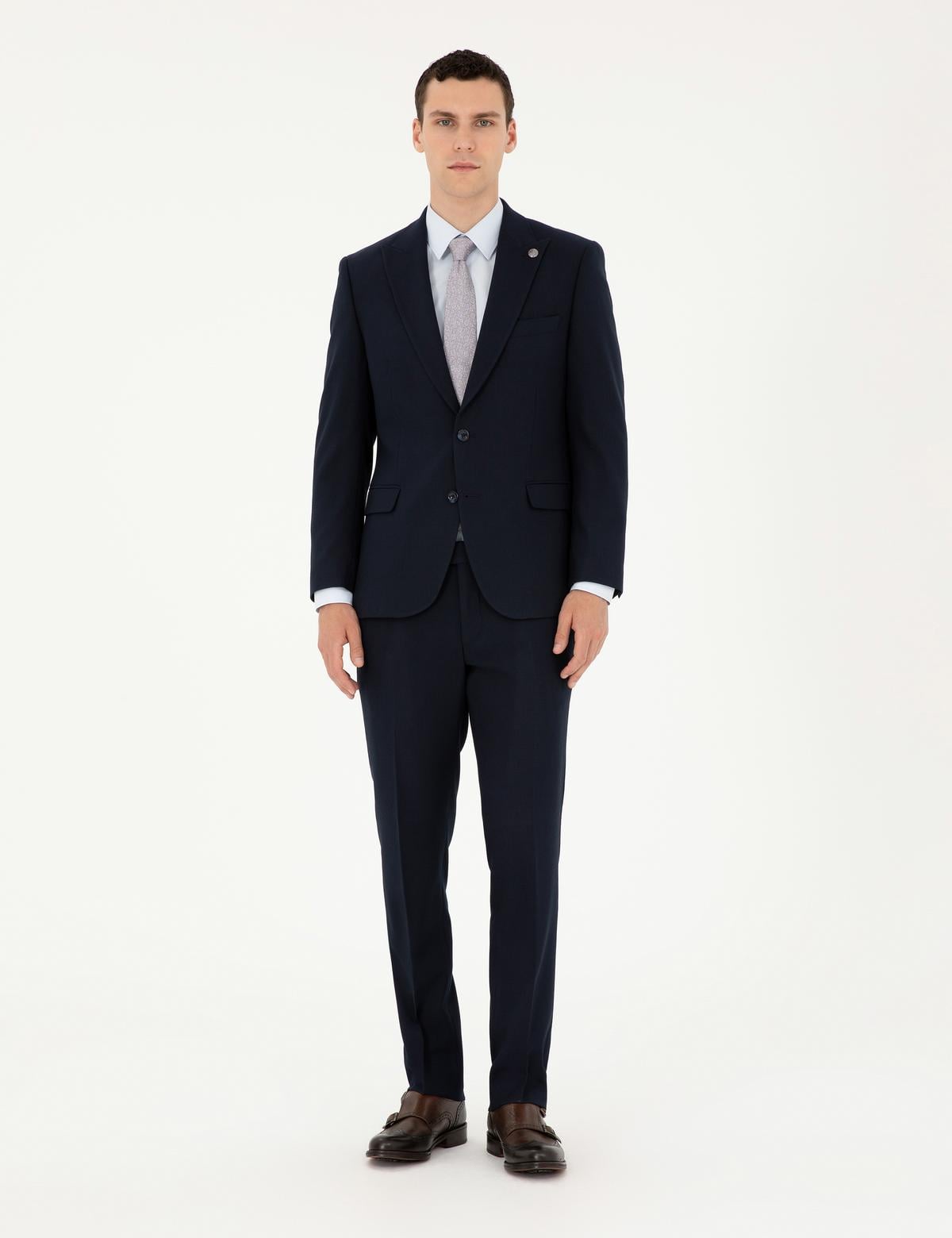 Lacivert Slim Fit Çizgili Takım Elbise