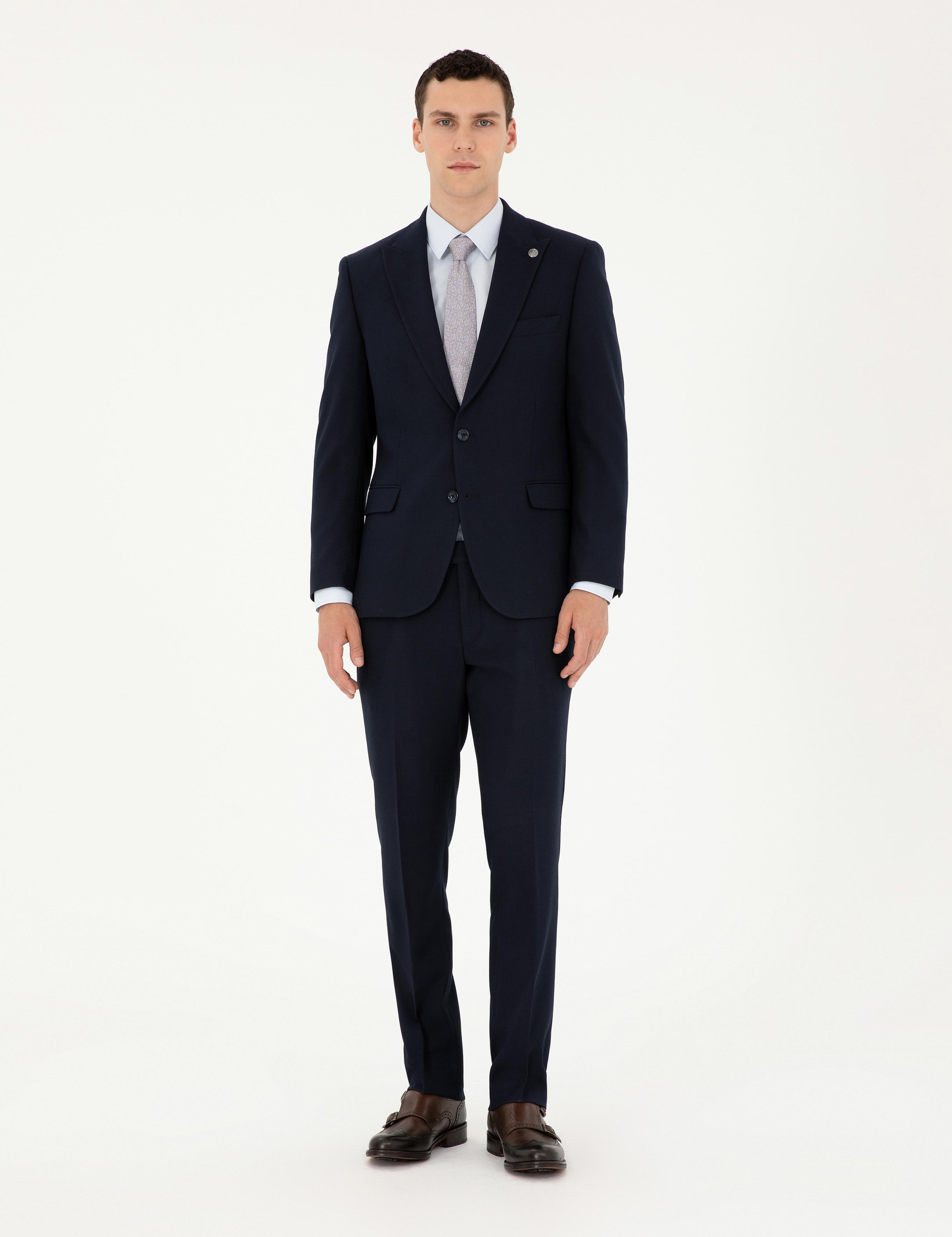 Lacivert Slim Fit Çizgili Takım Elbise