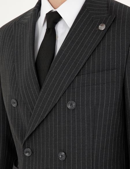 Füme Ex. Slim Fit Çizgili Kruvaze Yün Karışımlı Takım Elbise - 50293422041