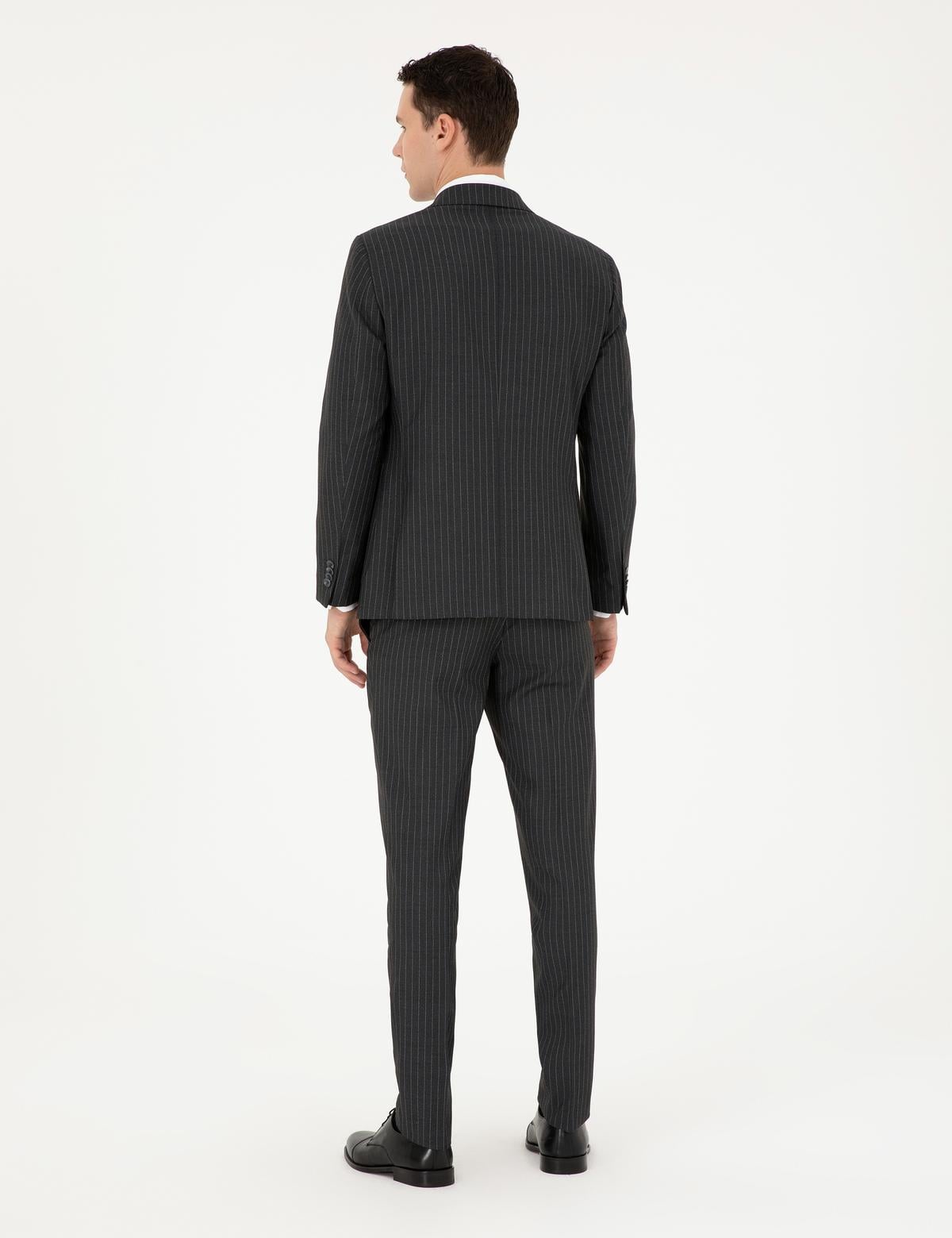 Füme Ex. Slim Fit Çizgili Kruvaze Yün Karışımlı Takım Elbise - 50293422041