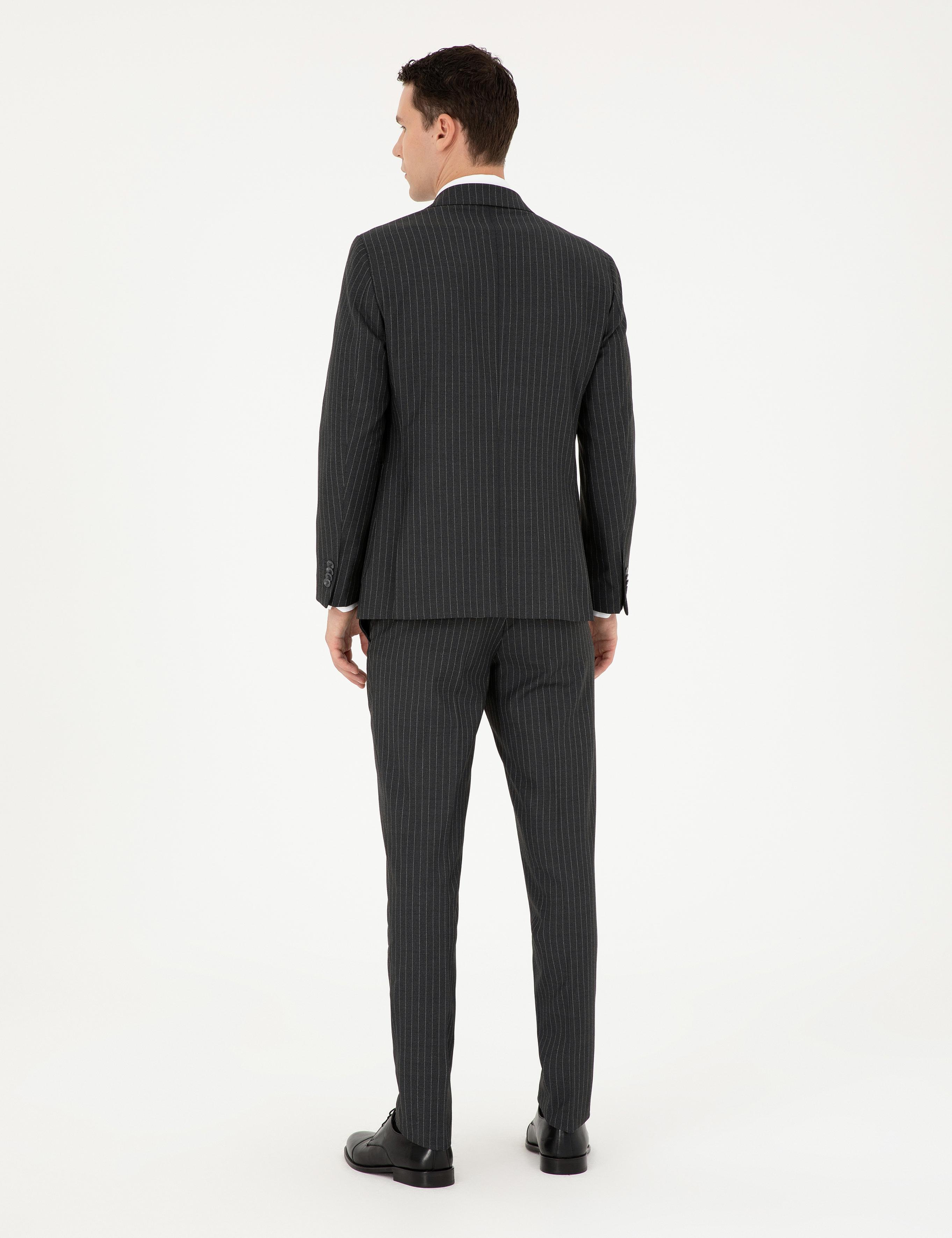 Füme Ex. Slim Fit Çizgili Kruvaze Yün Karışımlı Takım Elbise