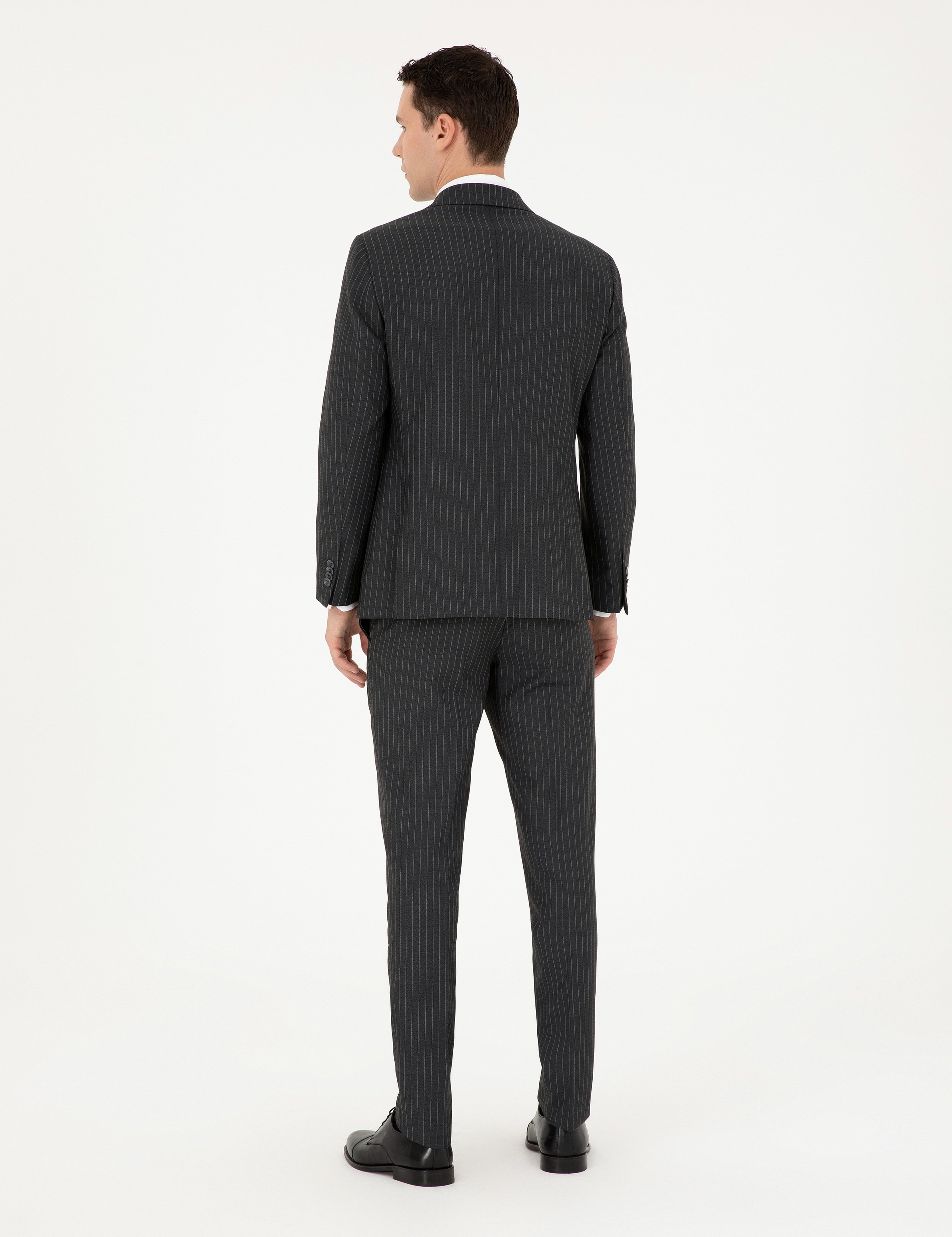 Füme Extra Slim Fit Çizgili Kruvaze Yün Karışımlı Takım Elbise - Image 5