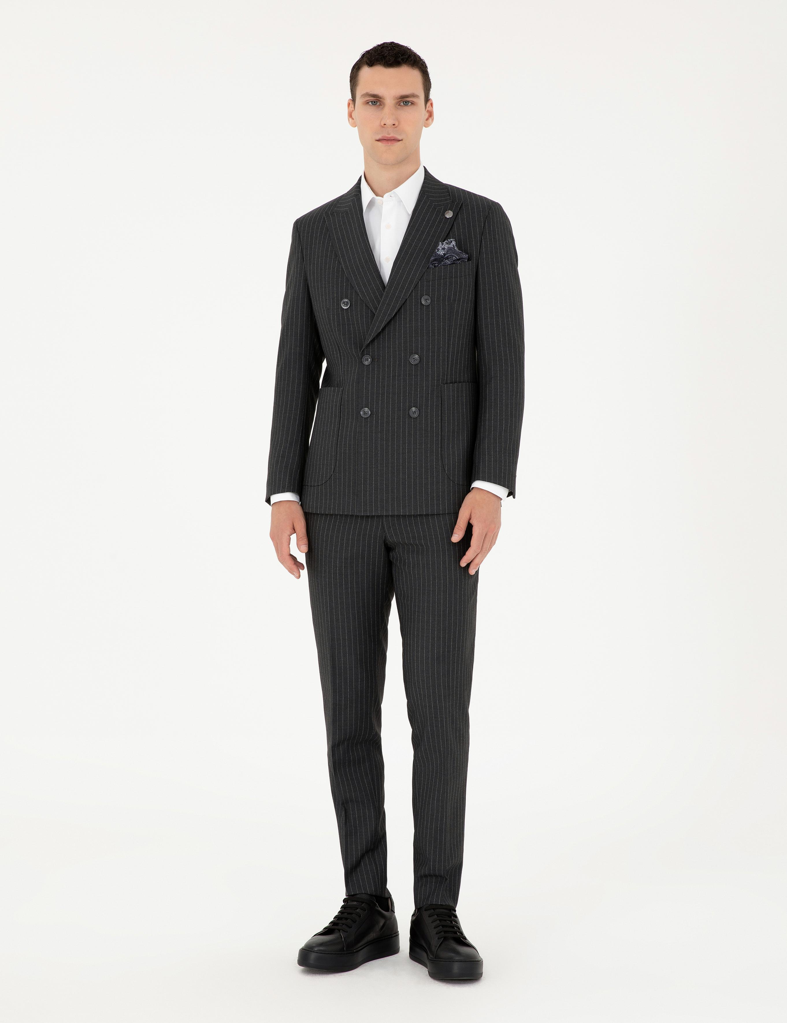 Füme Ex. Slim Fit Çizgili Kruvaze Yün Karışımlı Takım Elbise