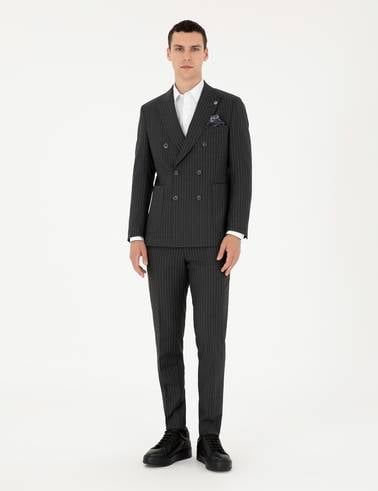 Füme Ex. Slim Fit Çizgili Kruvaze Yün Karışımlı Takım Elbise