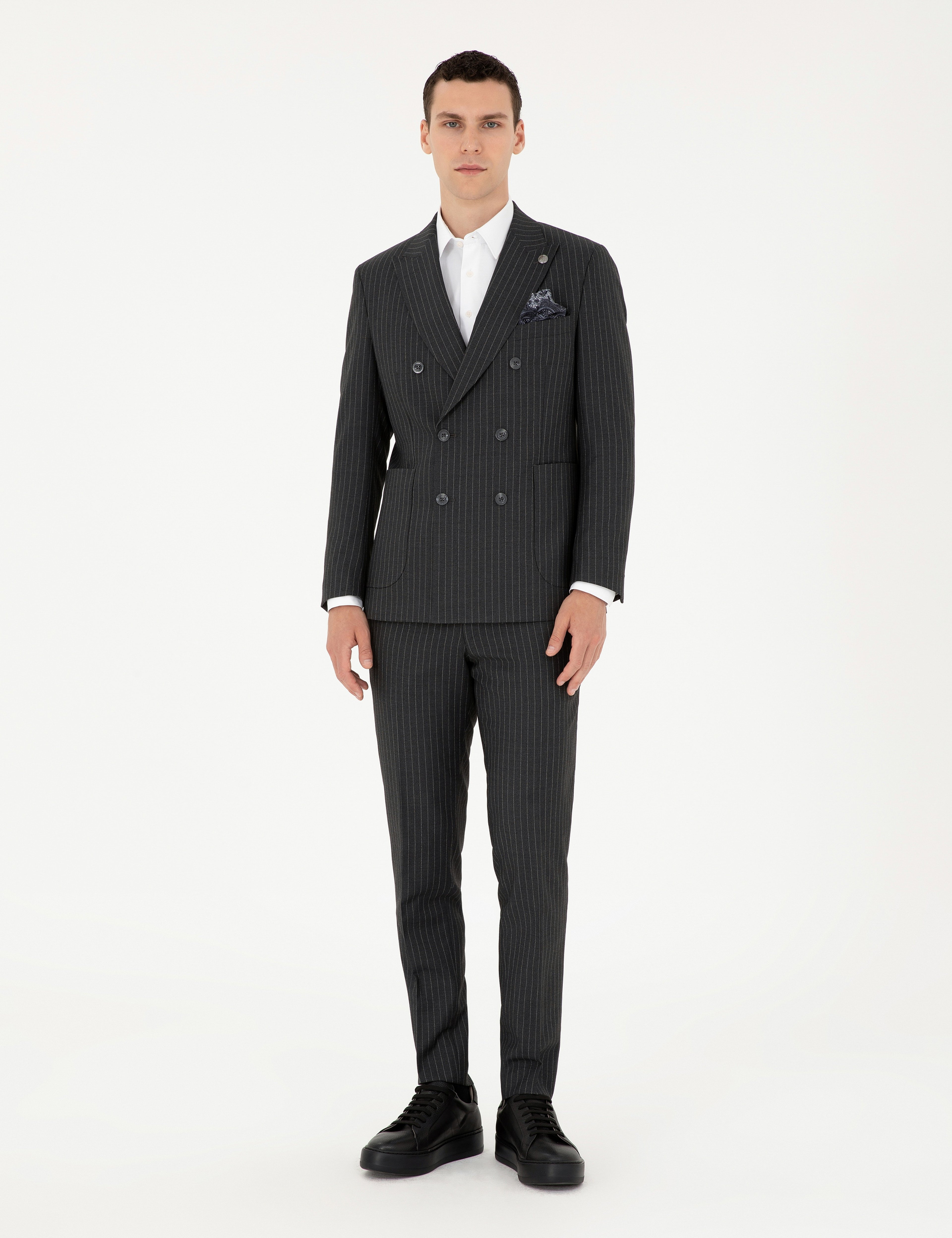Füme Extra Slim Fit Çizgili Kruvaze Yün Karışımlı Takım Elbise