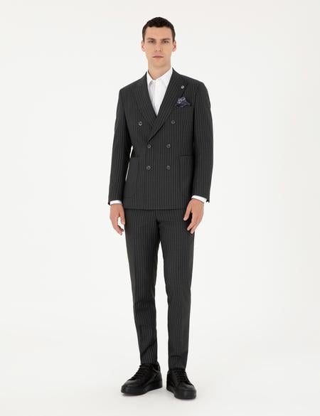 Füme Ex. Slim Fit Çizgili Kruvaze Yün Karışımlı Takım Elbise - 50293422041