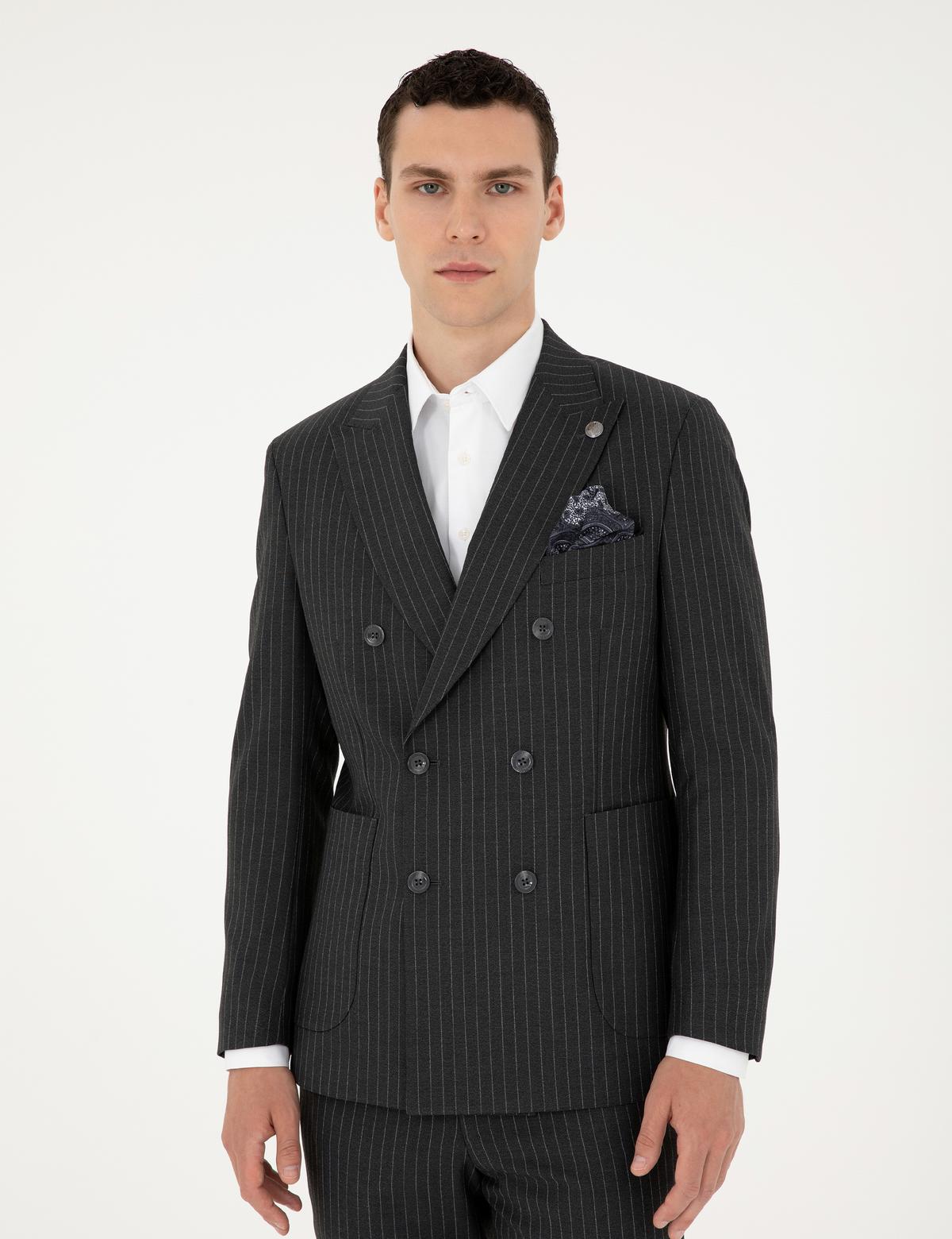 Füme Ex. Slim Fit Çizgili Kruvaze Yün Karışımlı Takım Elbise - 50293422041