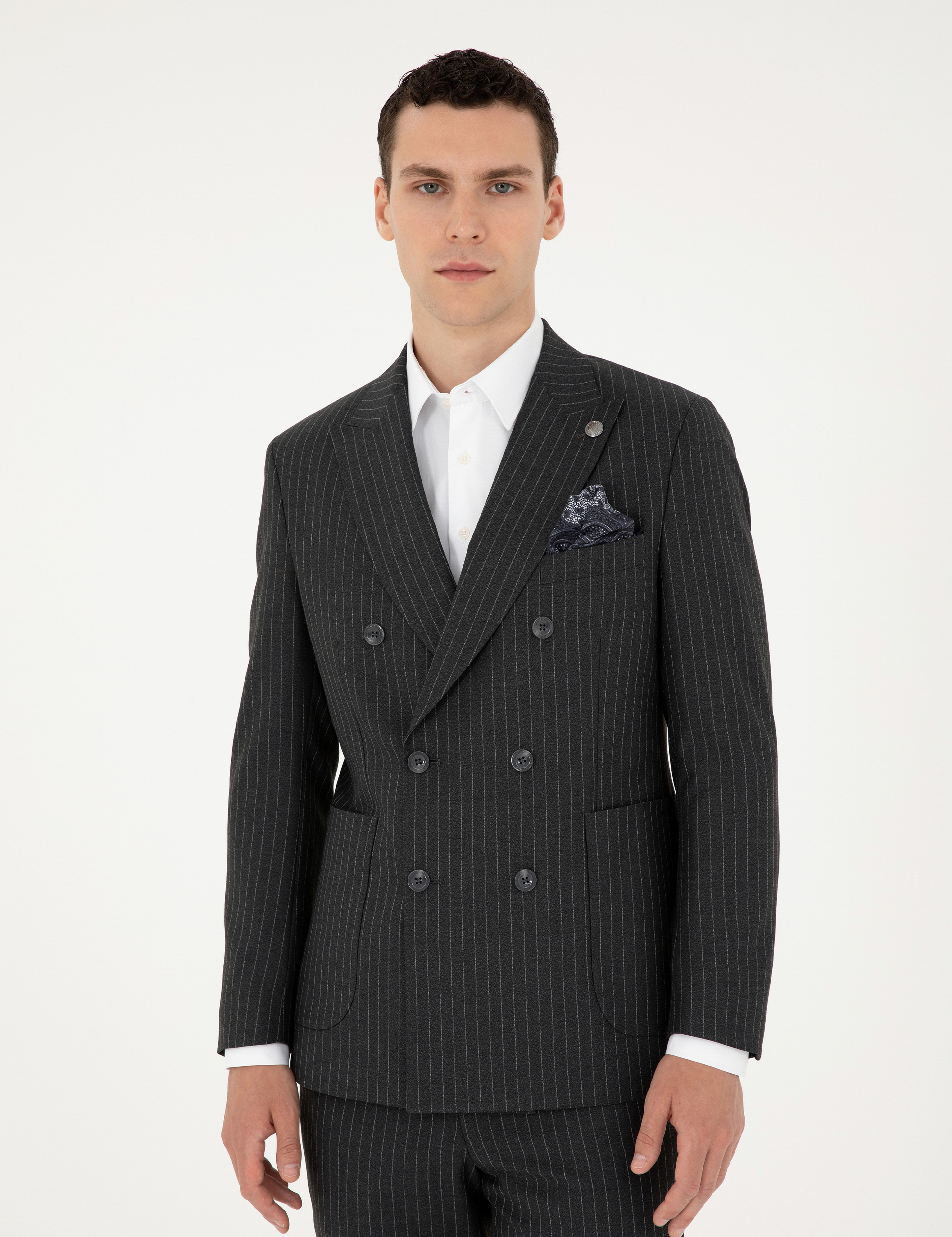 Füme Extra Slim Fit Çizgili Kruvaze Yün Karışımlı Takım Elbise - Image 3