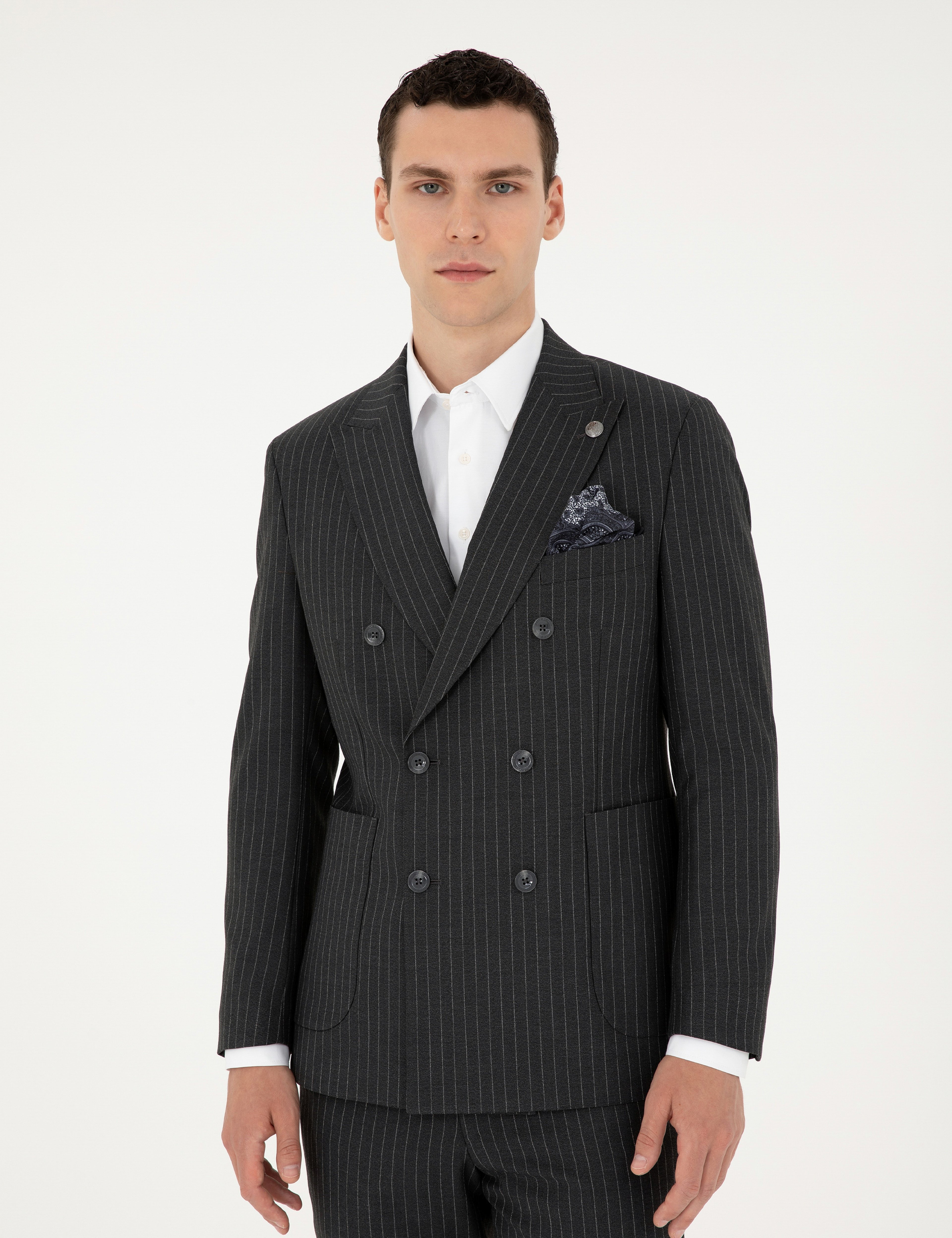 Füme Extra Slim Fit Çizgili Kruvaze Yün Karışımlı Takım Elbise