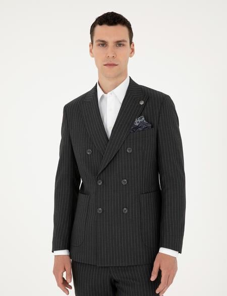 Füme Ex. Slim Fit Çizgili Kruvaze Yün Karışımlı Takım Elbise - 50293422041