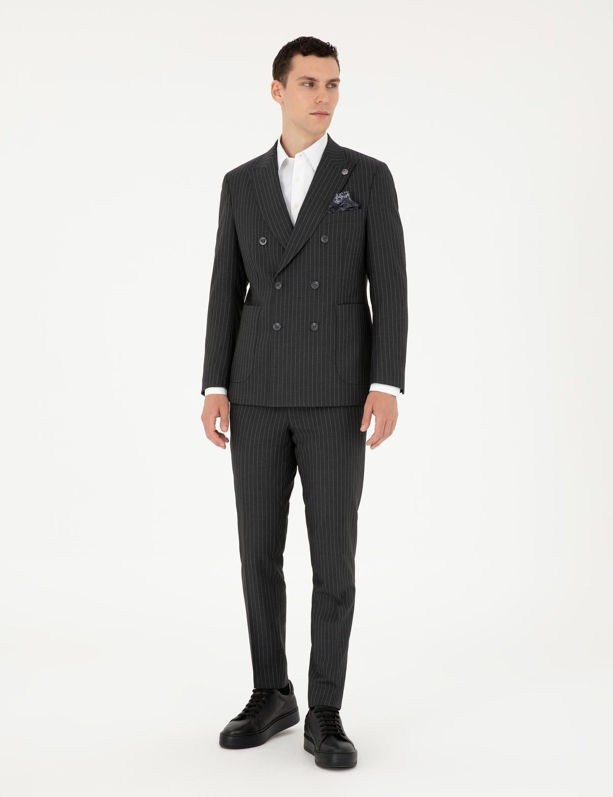 Füme Ex. Slim Fit Çizgili Kruvaze Yün Karışımlı Takım Elbise