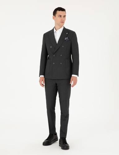 Füme Extra Slim Fit Çizgili Kruvaze Yün Karışımlı Takım Elbise