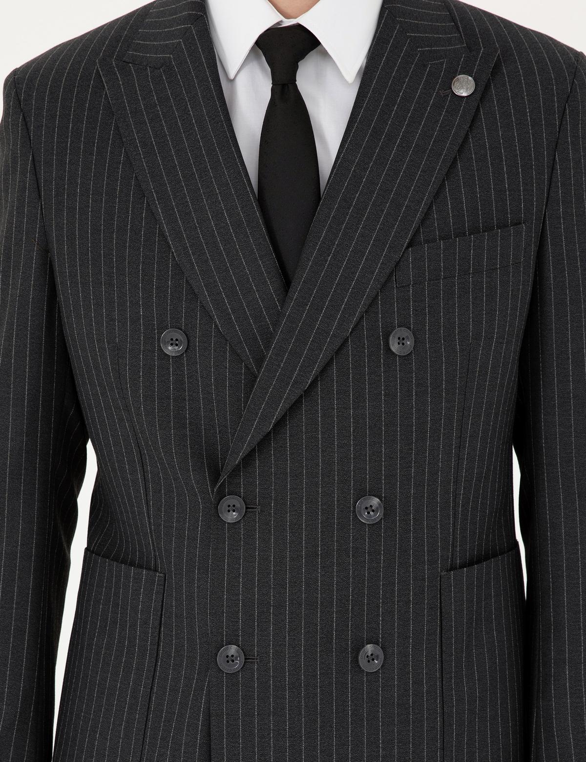 Füme Ex. Slim Fit Çizgili Kruvaze Yün Karışımlı Takım Elbise - 50293422041