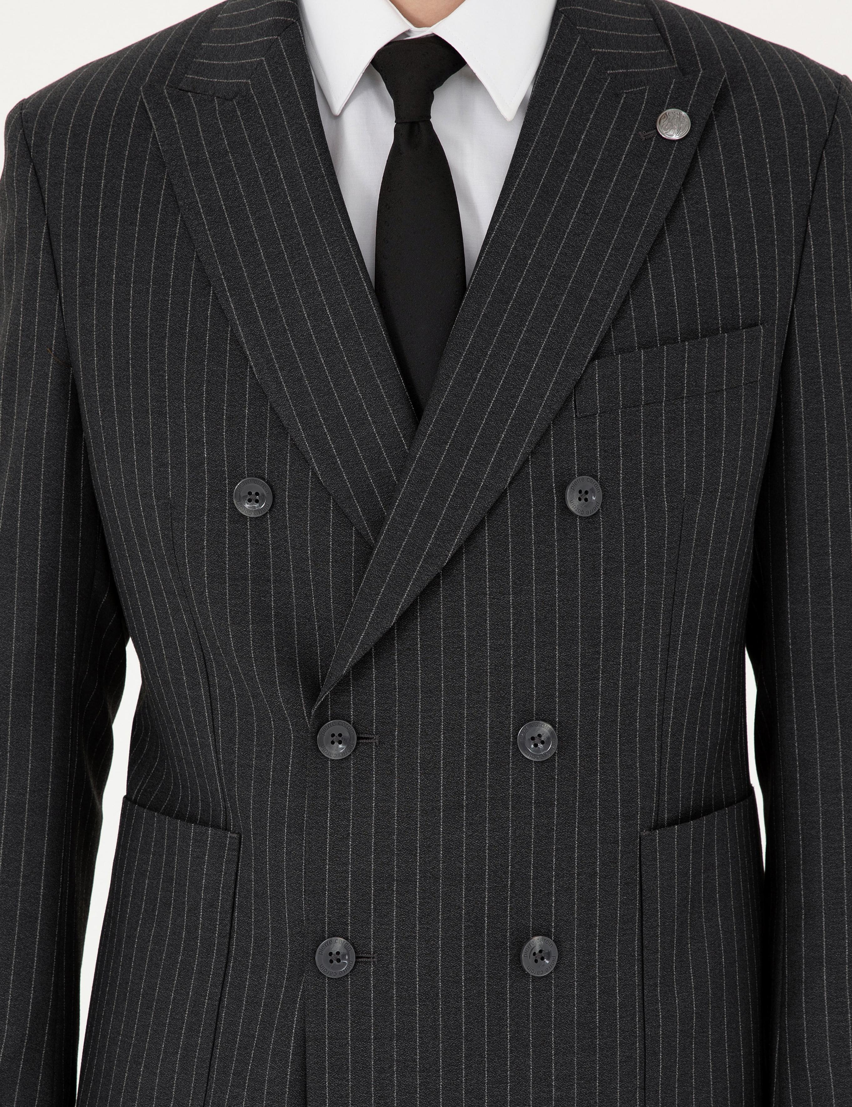 Füme Ex. Slim Fit Çizgili Kruvaze Yün Karışımlı Takım Elbise