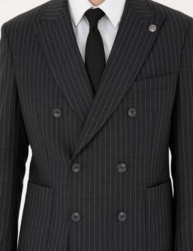 Füme Ex. Slim Fit Çizgili Kruvaze Yün Karışımlı Takım Elbise