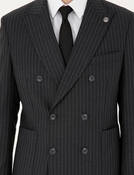 Füme Ex. Slim Fit Çizgili Kruvaze Yün Karışımlı Takım Elbise - 50293422041