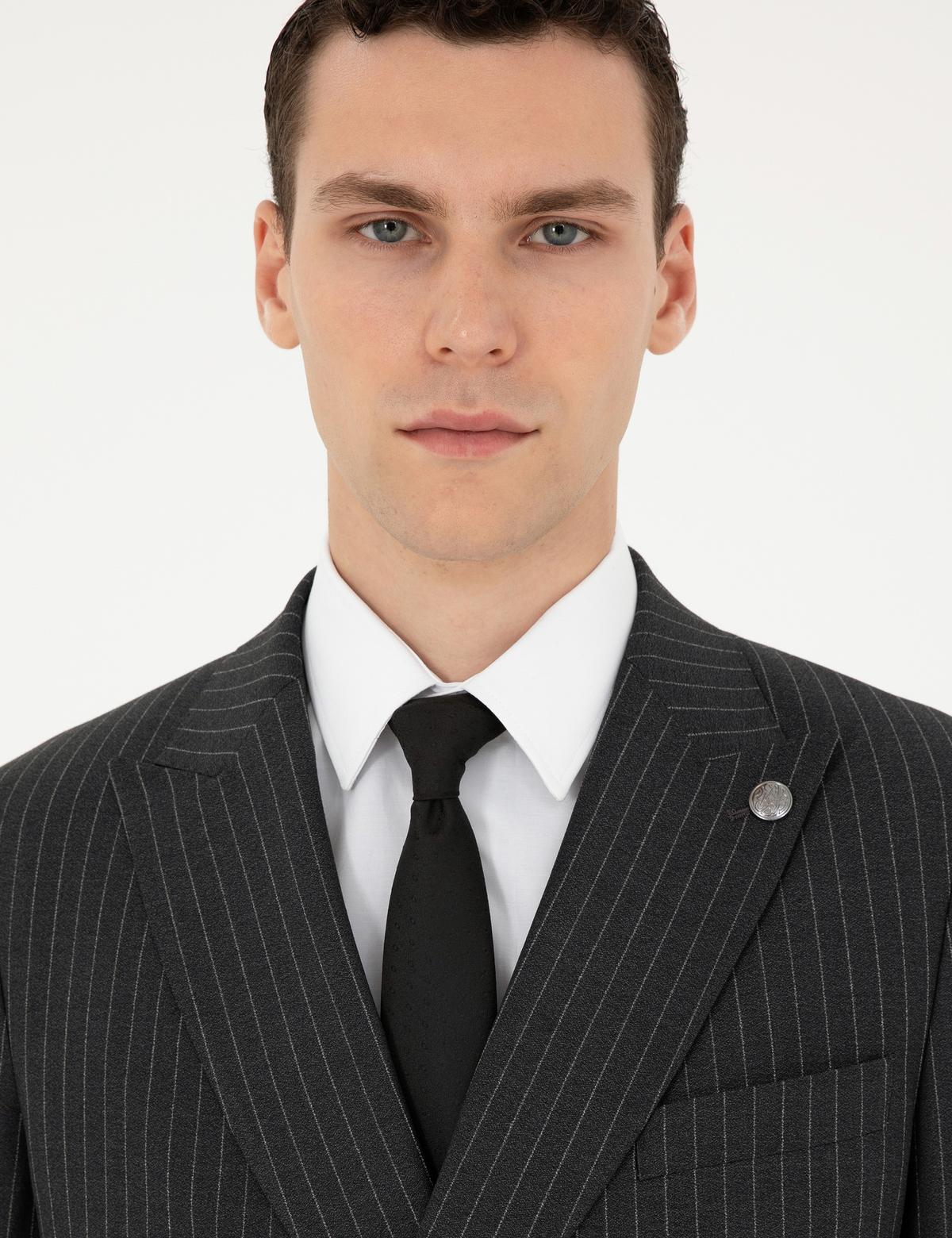 Füme Ex. Slim Fit Çizgili Kruvaze Yün Karışımlı Takım Elbise - 50293422041