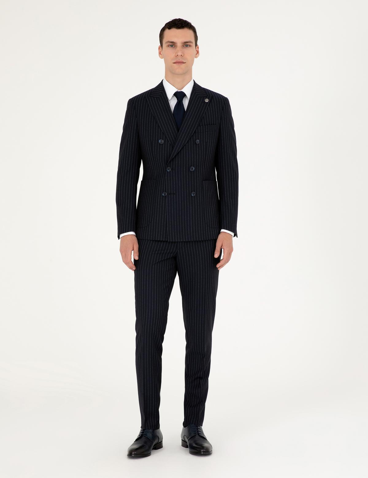 Lacivert Ex. Slim Fit Çizgili KruvazeTakım Elbise - 50293422077