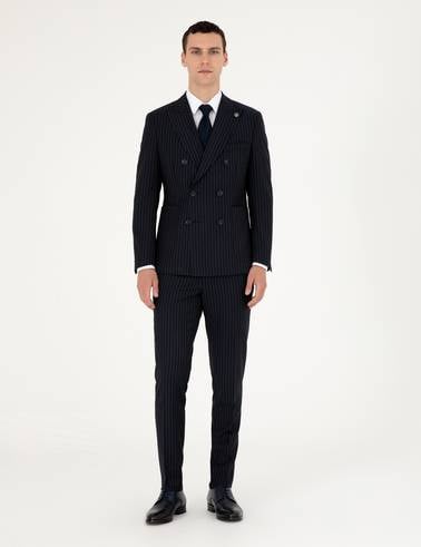 Lacivert Ex. Slim Fit Çizgili Kruvaze Yün Karışımlı Takım Elbise