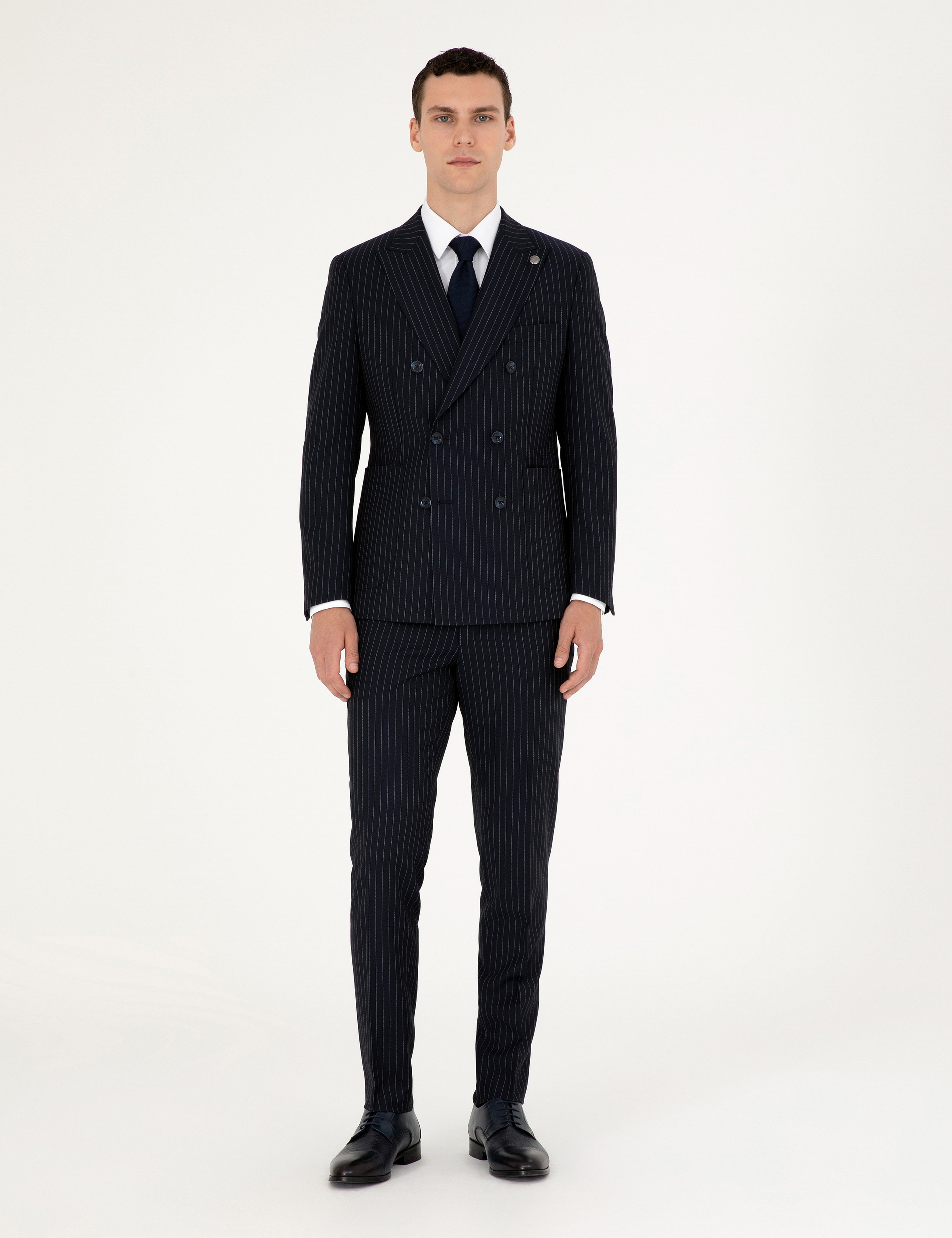 Lacivert Extra Slim Fit Çizgili Kruvaze Yün Karışımlı Takım Elbise - Image 4