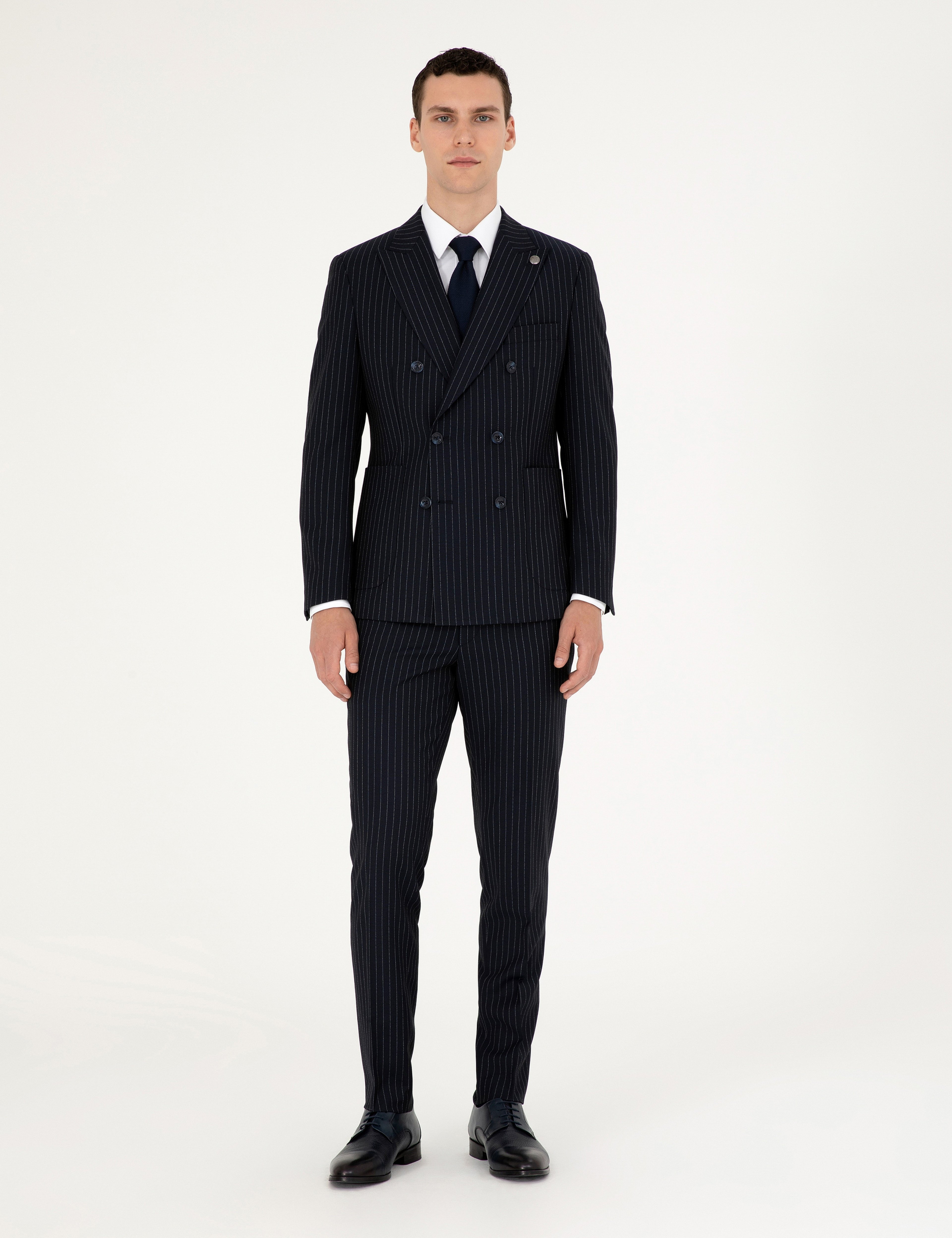 Lacivert Extra Slim Fit Çizgili Kruvaze Yün Karışımlı Takım Elbise