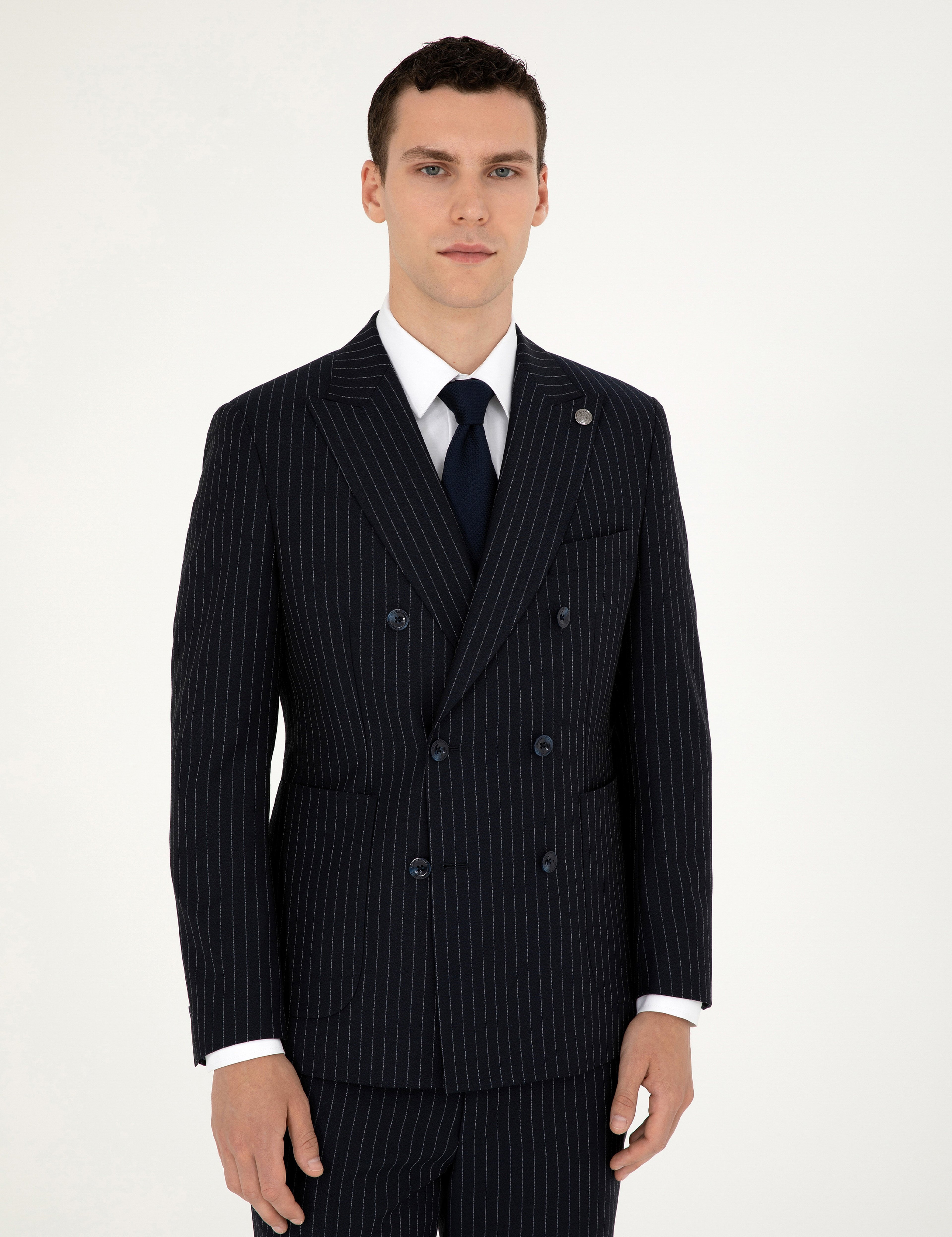 Lacivert Extra Slim Fit Çizgili Kruvaze Yün Karışımlı Takım Elbise